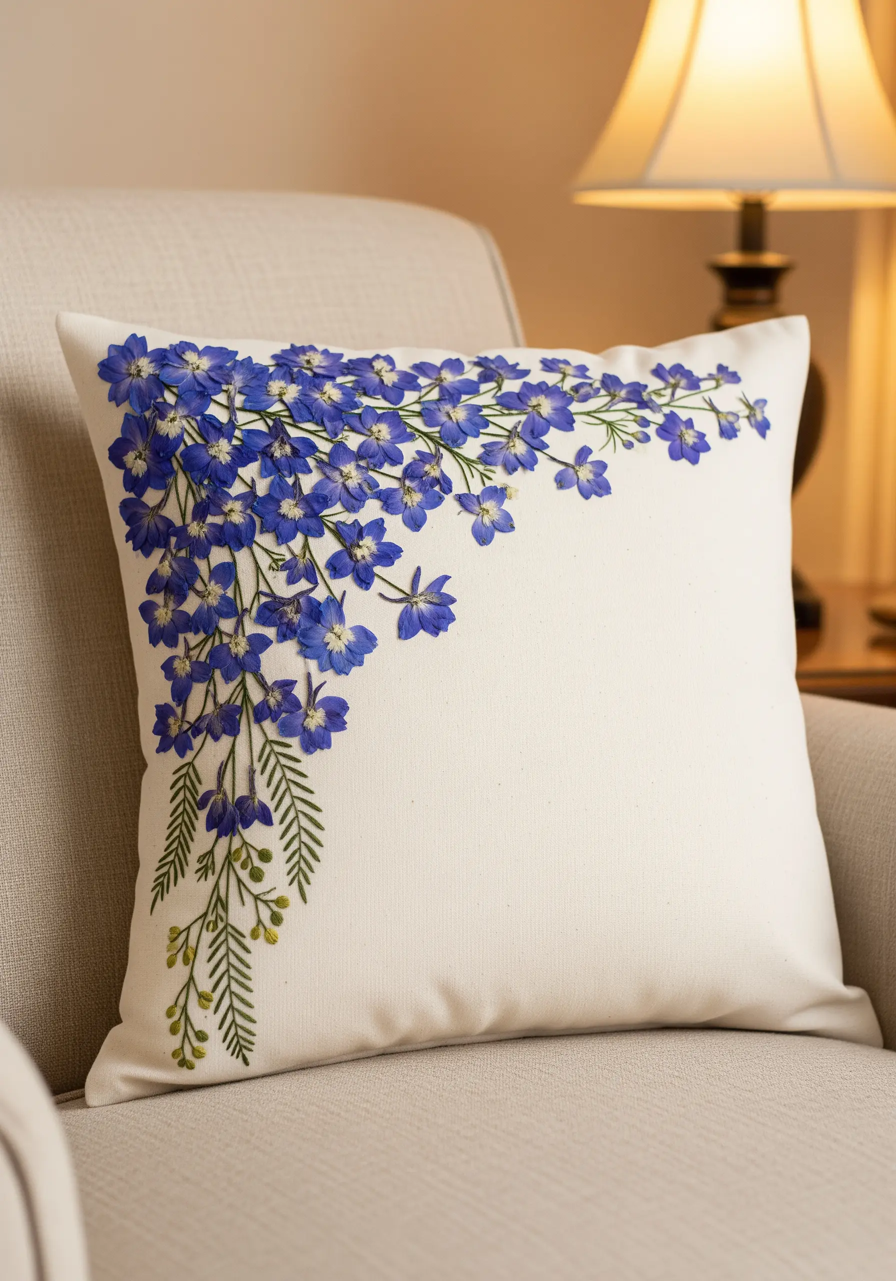 A white decorative pillow with a cascade of pressed blue larkspur and ferns in the corner.