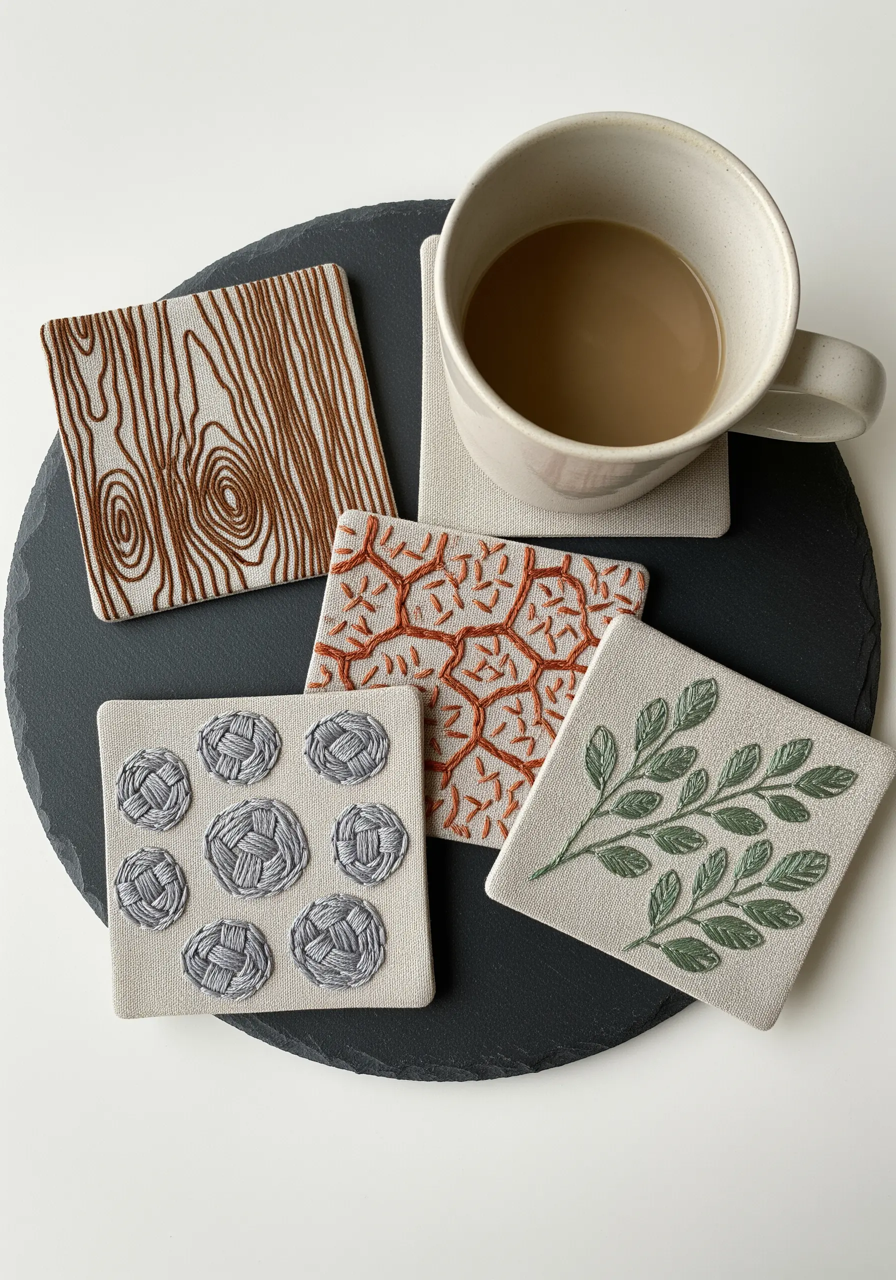 A set of four embroidered coasters with different nature-inspired texture patterns.