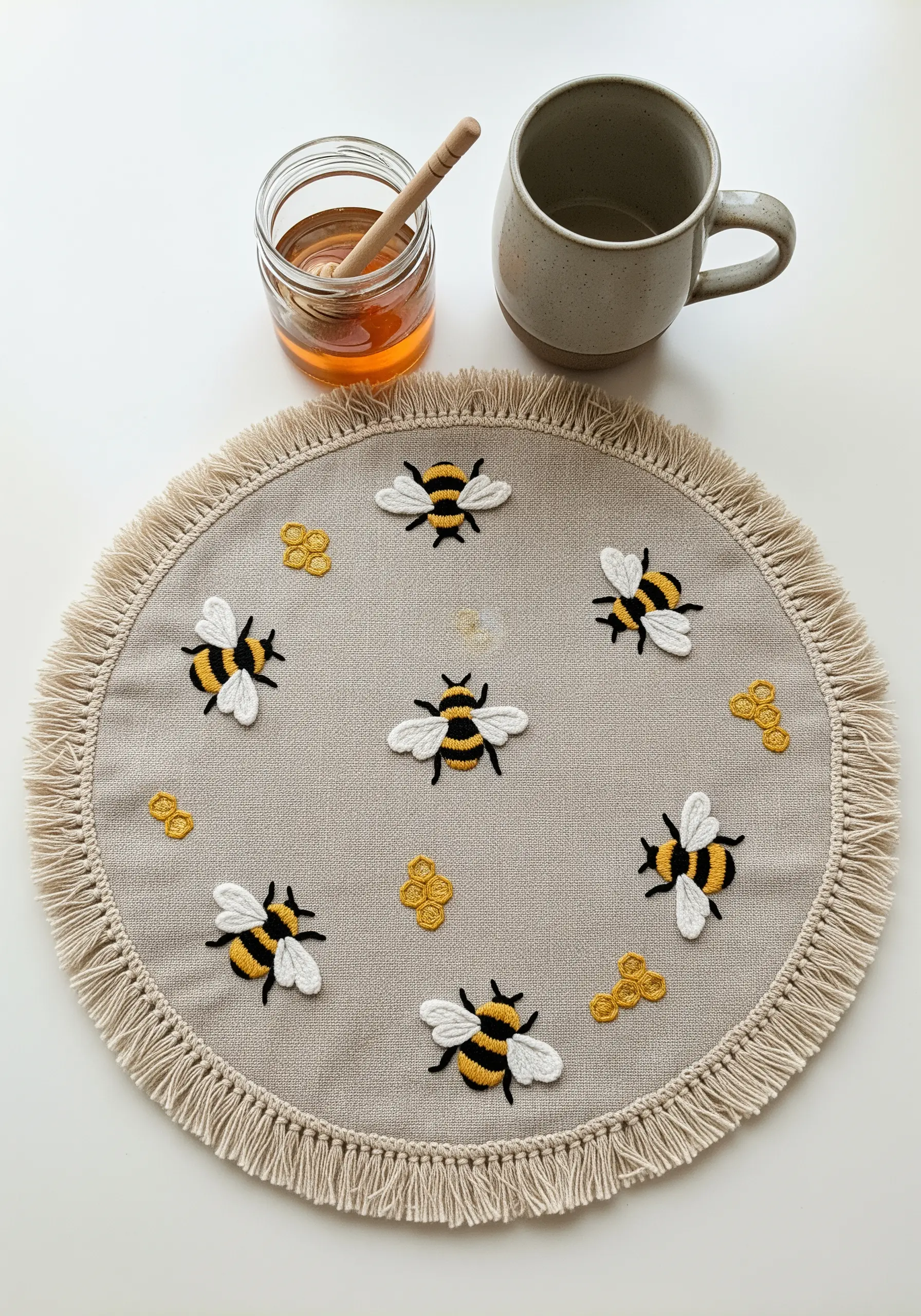 A round linen placemat with a frayed edge, embroidered with bees and honeycombs.