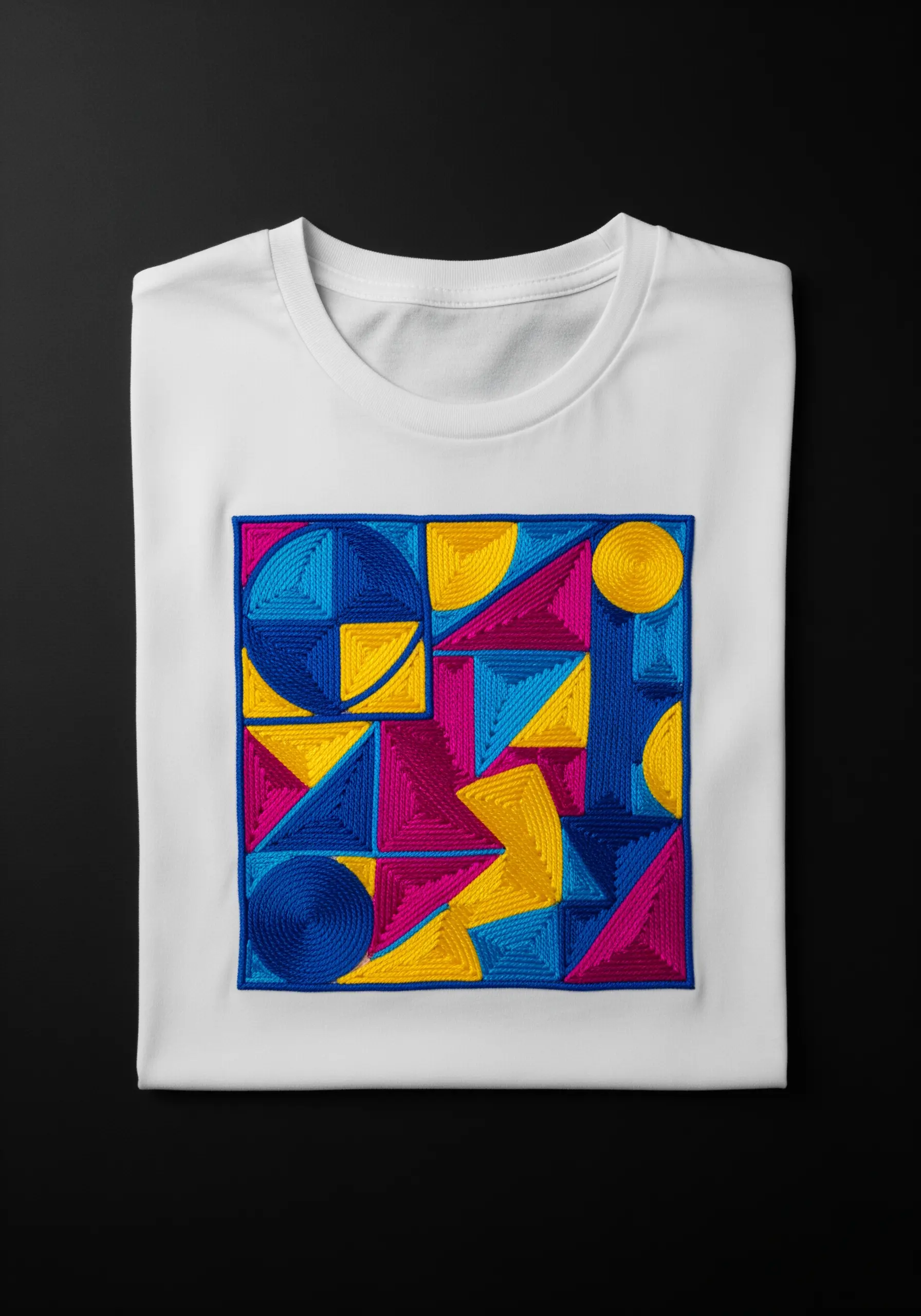 A t-shirt with a bold geometric pattern made from couched yarn in blue, yellow, and magenta.