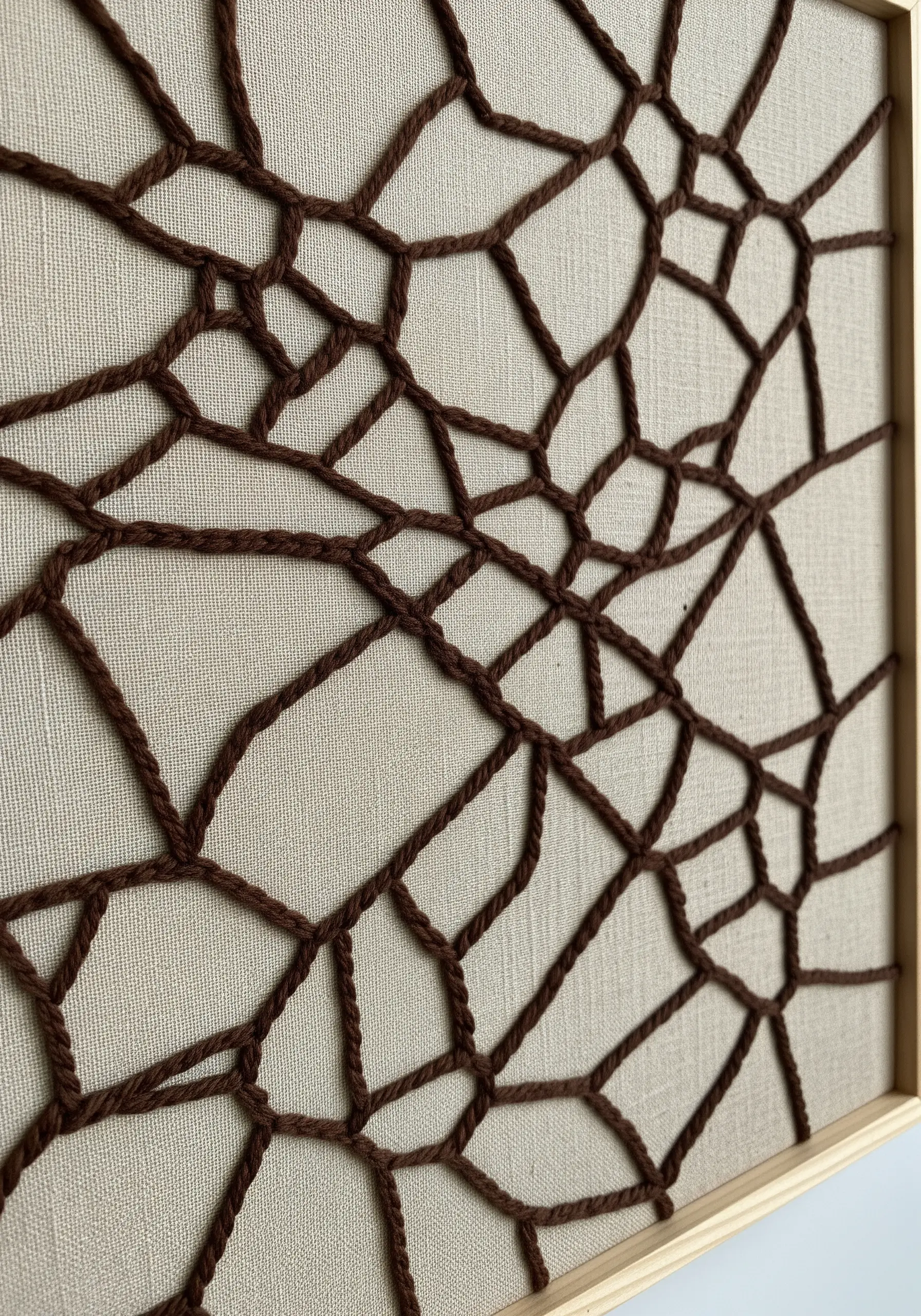 A framed piece with brown yarn stretched in a geometric web-like pattern on canvas.