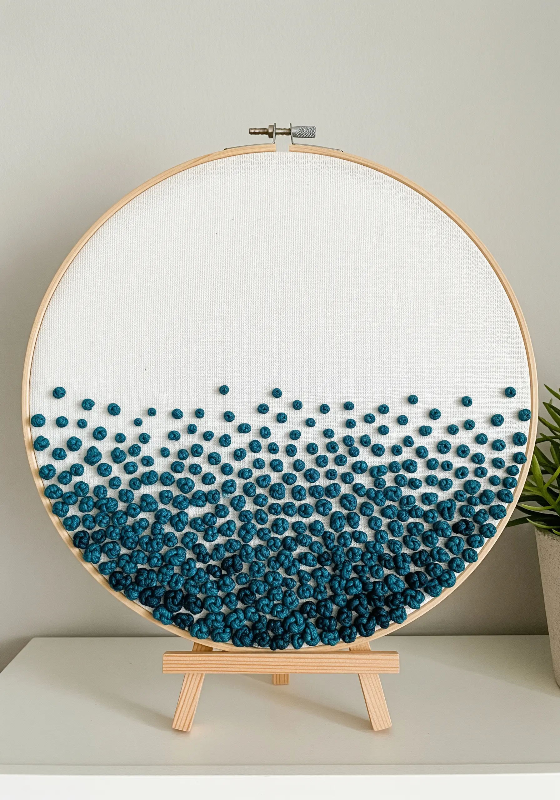 Hoop art with a dense gradient of teal French knots, fading from bottom to top.