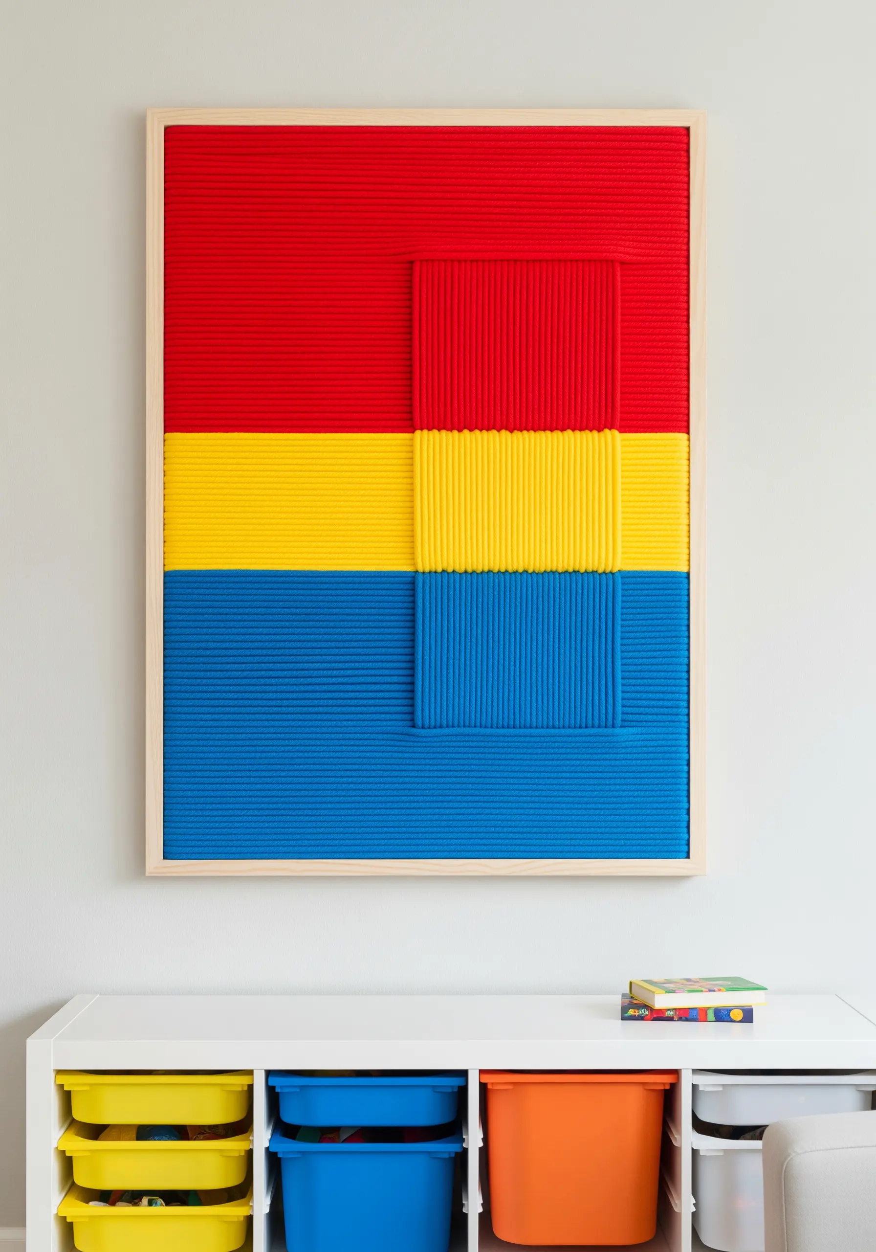A framed piece of yarn art with bold red, yellow, and blue horizontal stripes.