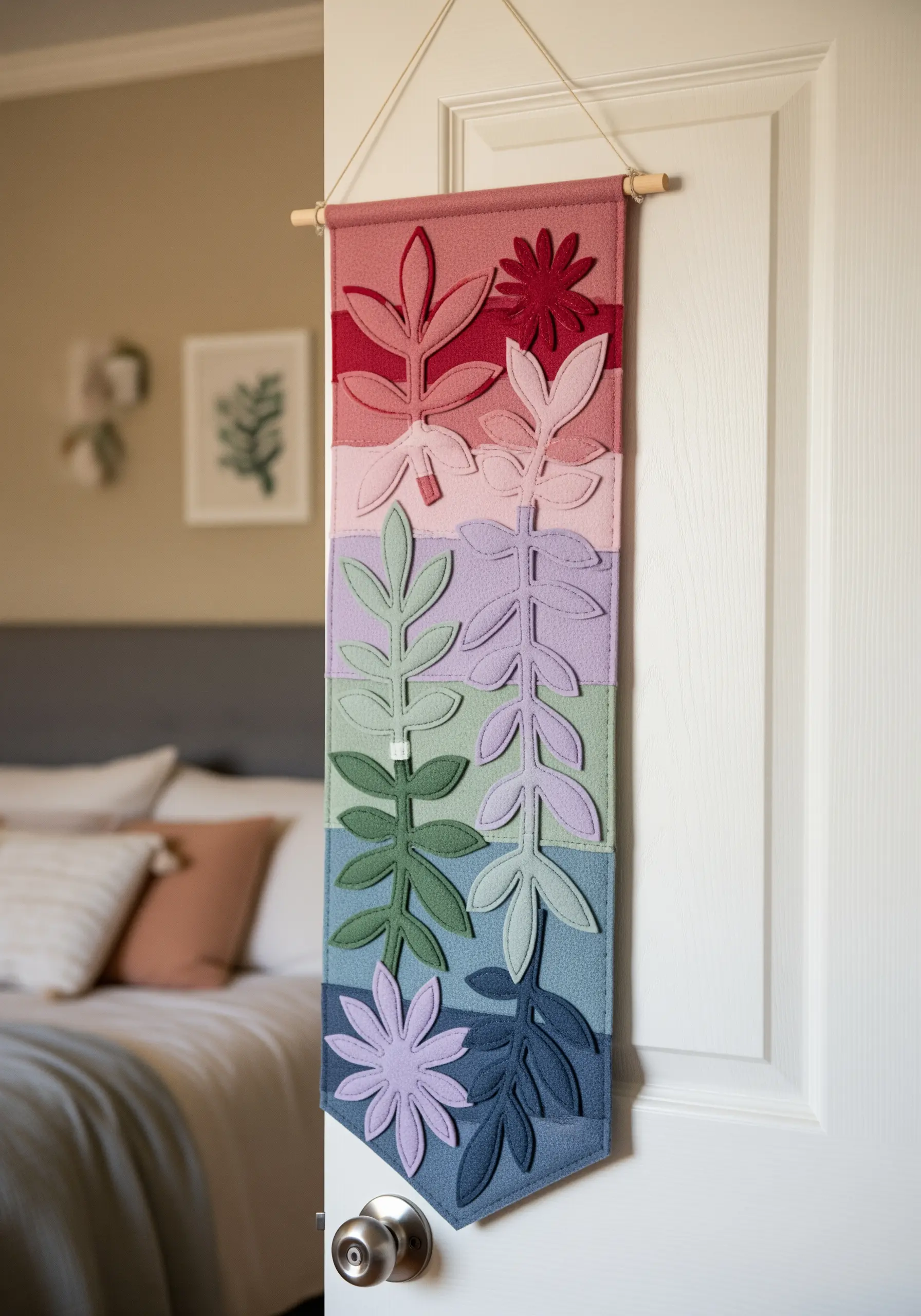 A vertical felt appliqué banner with layered botanical shapes in a rainbow gradient.