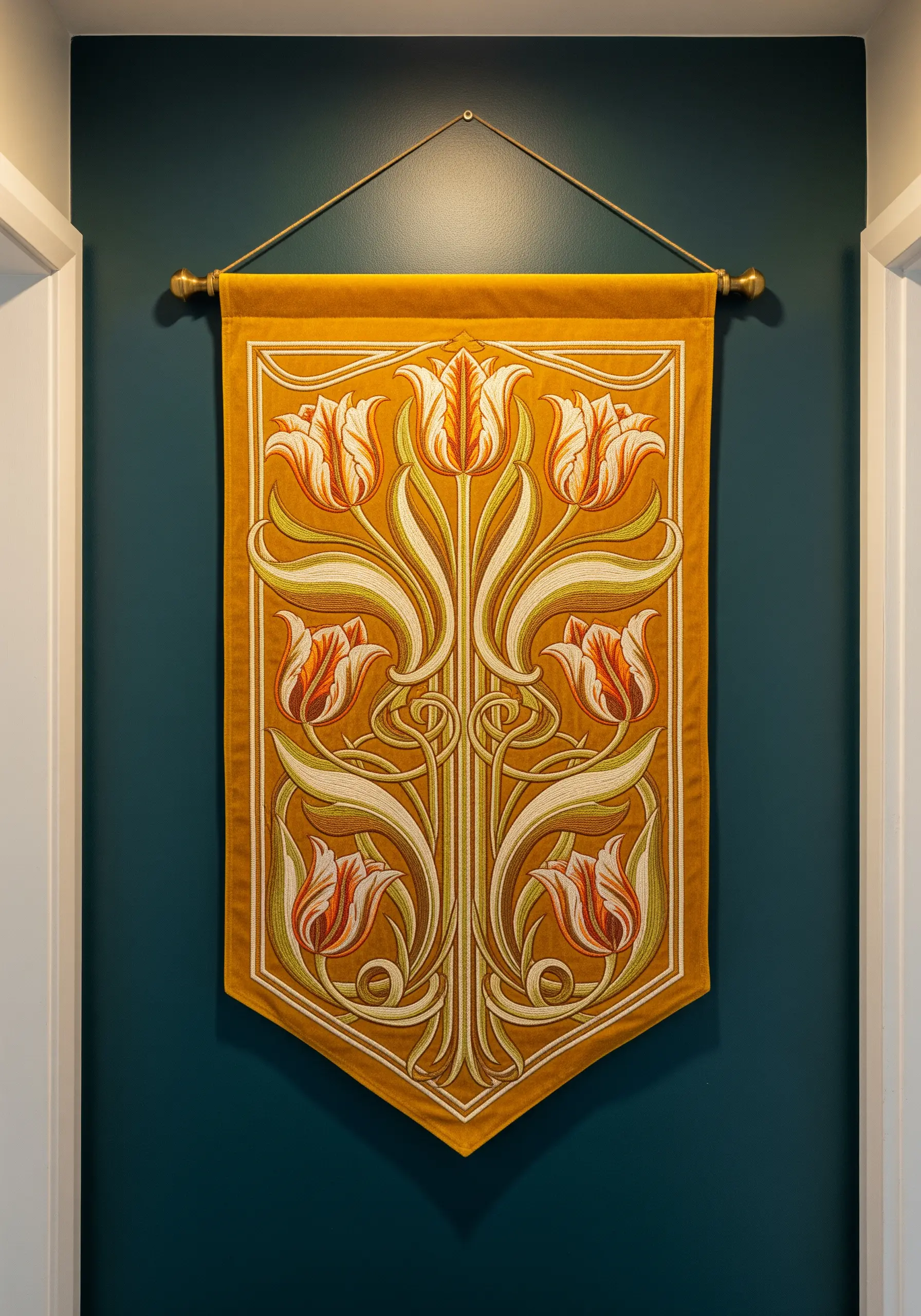 A mustard-yellow banner with a symmetrical Art Nouveau design of stylized tulips.