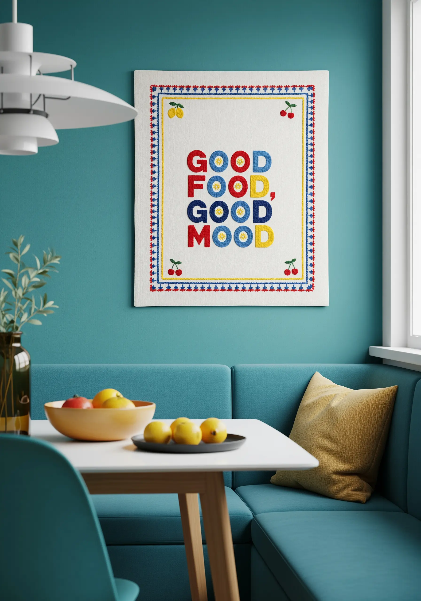 A colorful quote embroidered with bold, primary-colored block letters and a geometric border.