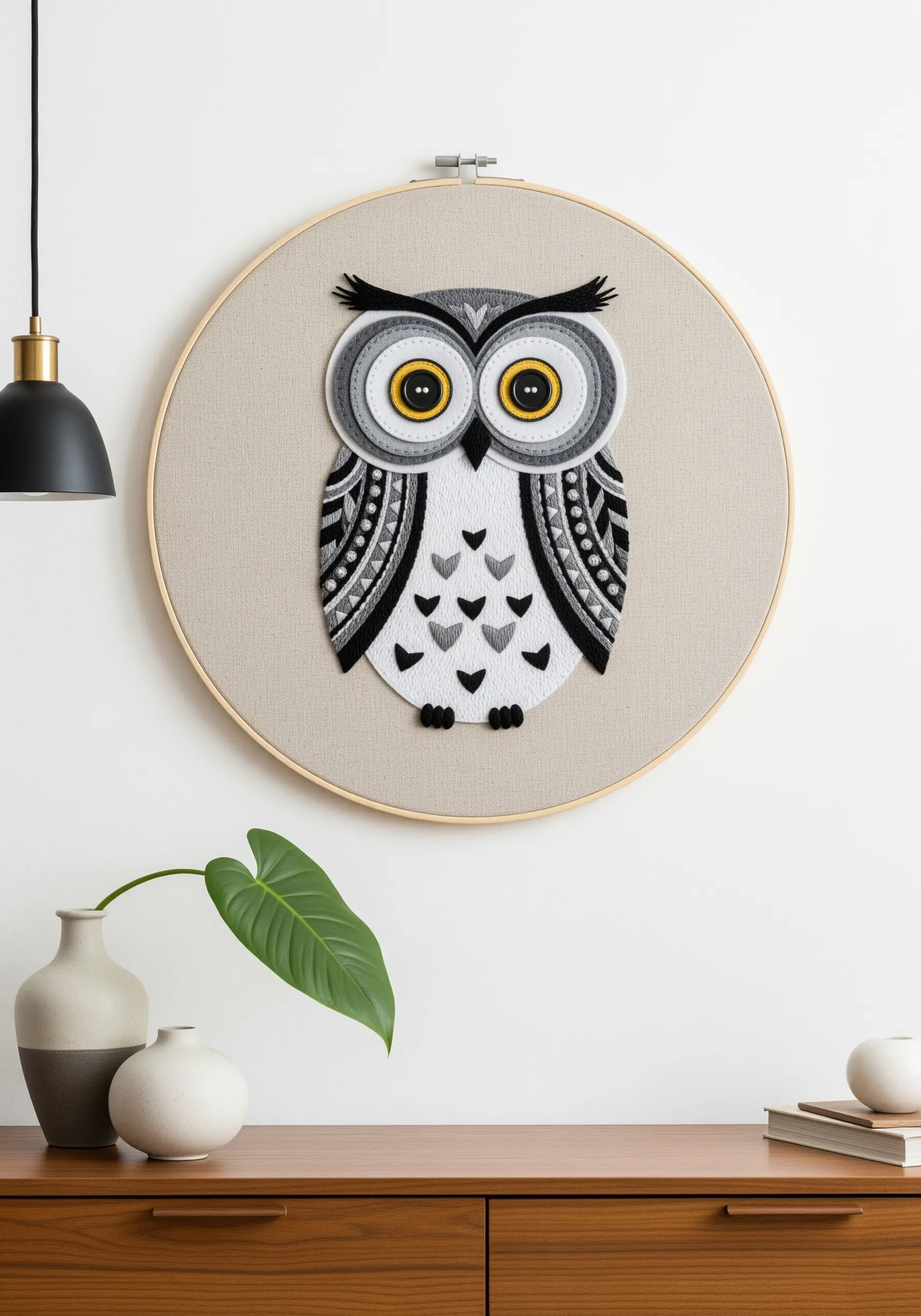 Stylized graphic owl using felt appliqué with bold black and white embroidered patterns.