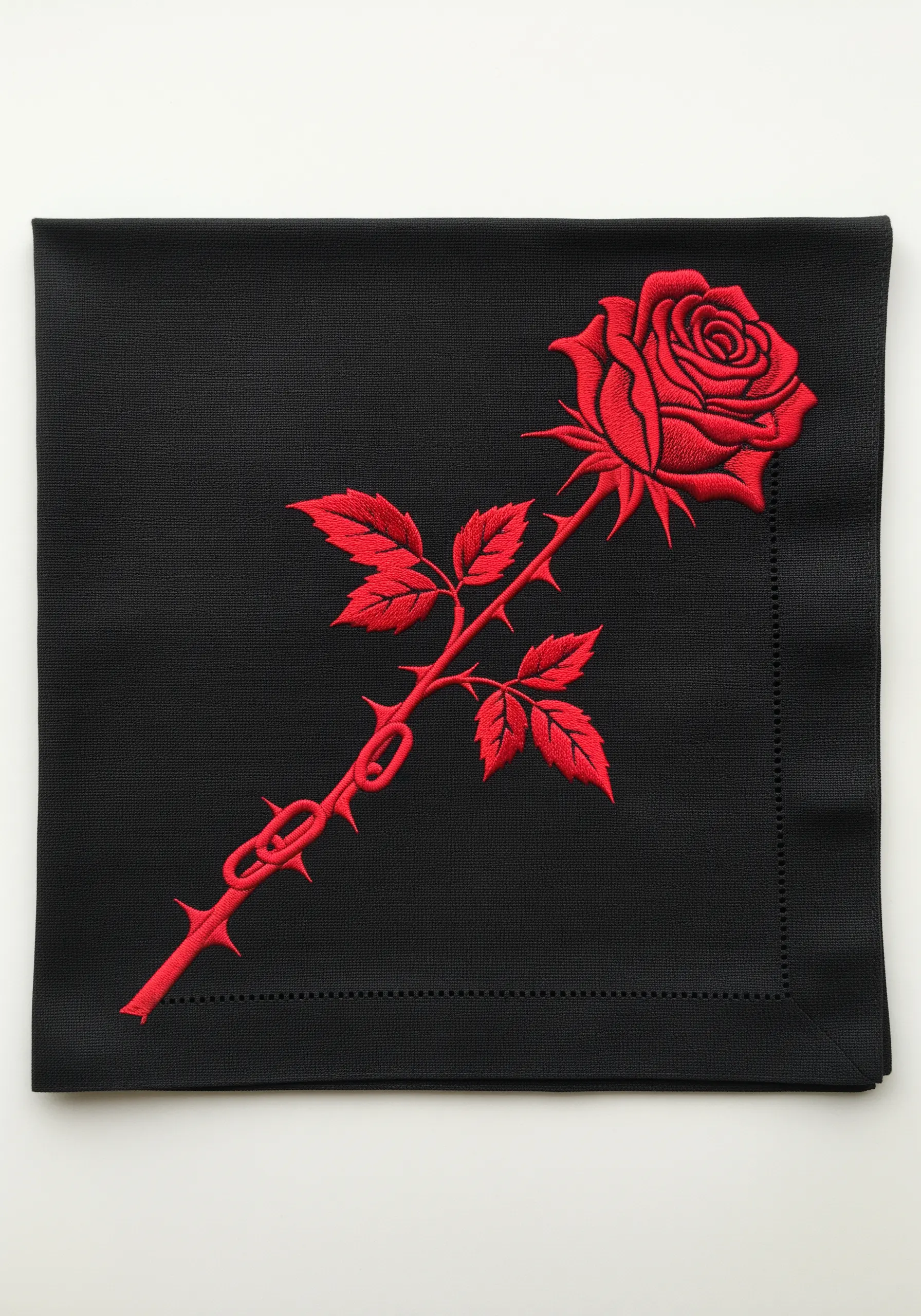 A modern, graphic red rose with a thorny stem outlined in bold stitches on a black napkin.