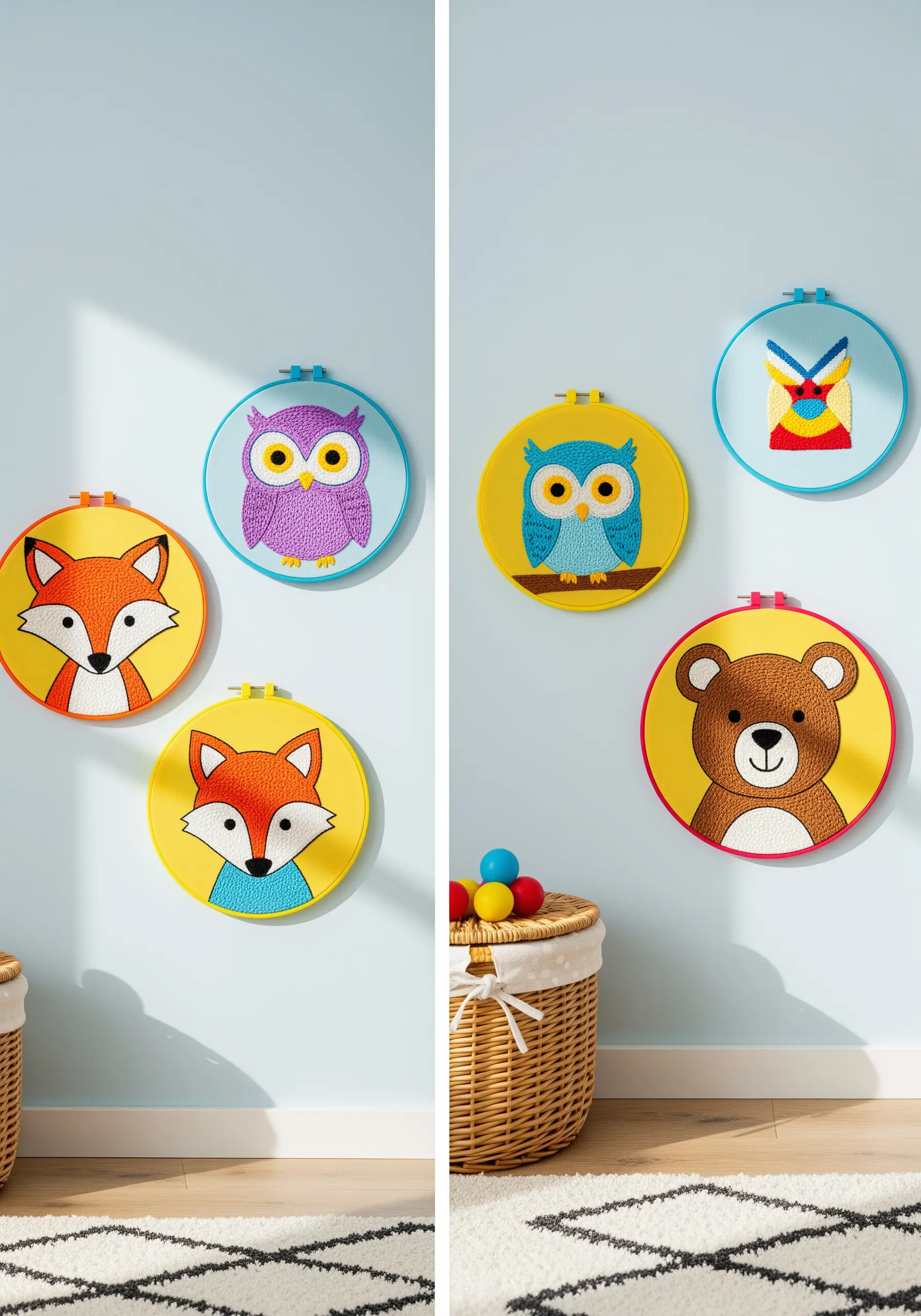 A collection of colorful punch needle animal faces, including a fox, owl, and bear, in hoops.
