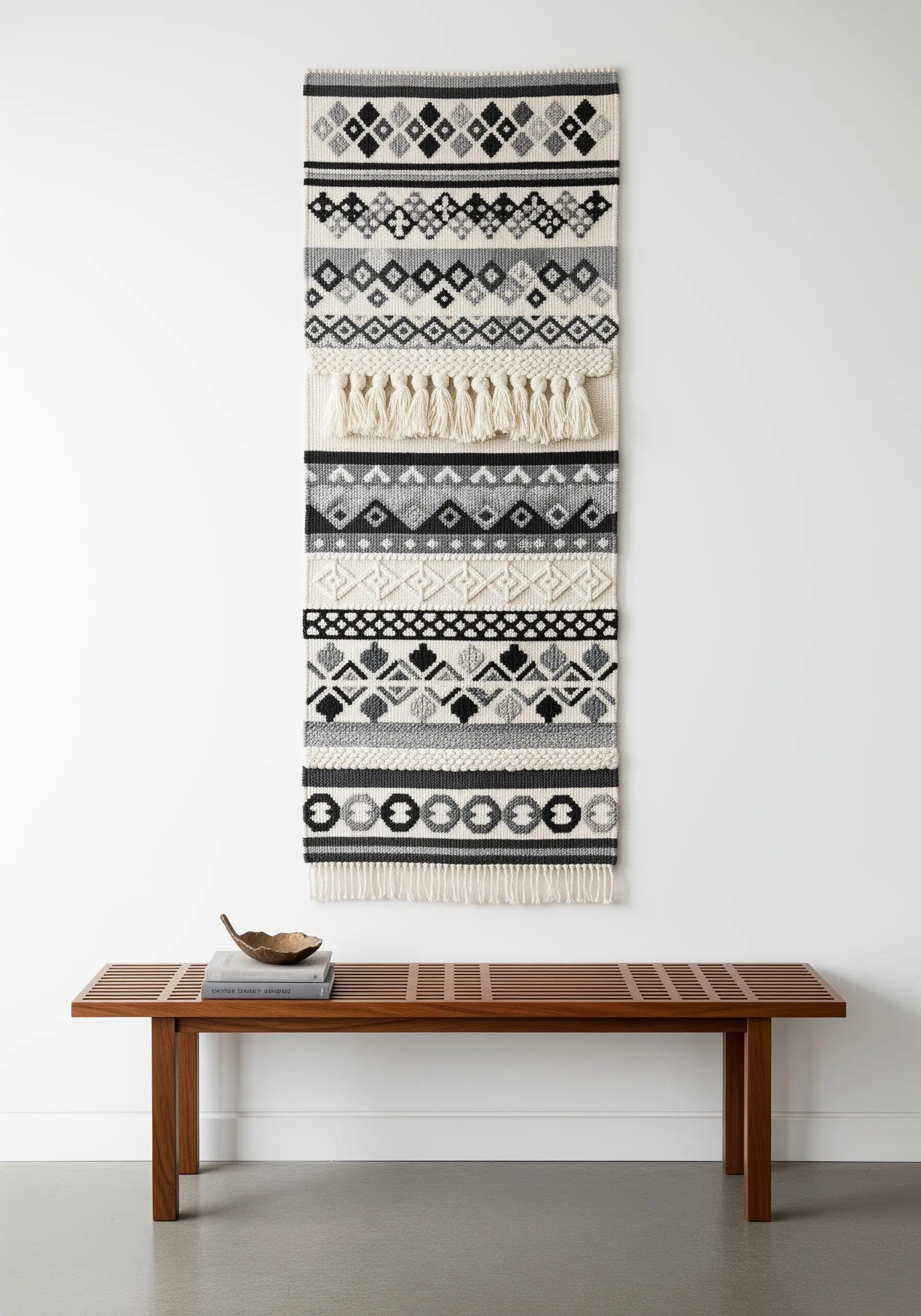 A modern, geometric embroidery tapestry in black, white, and grey with fringe details.