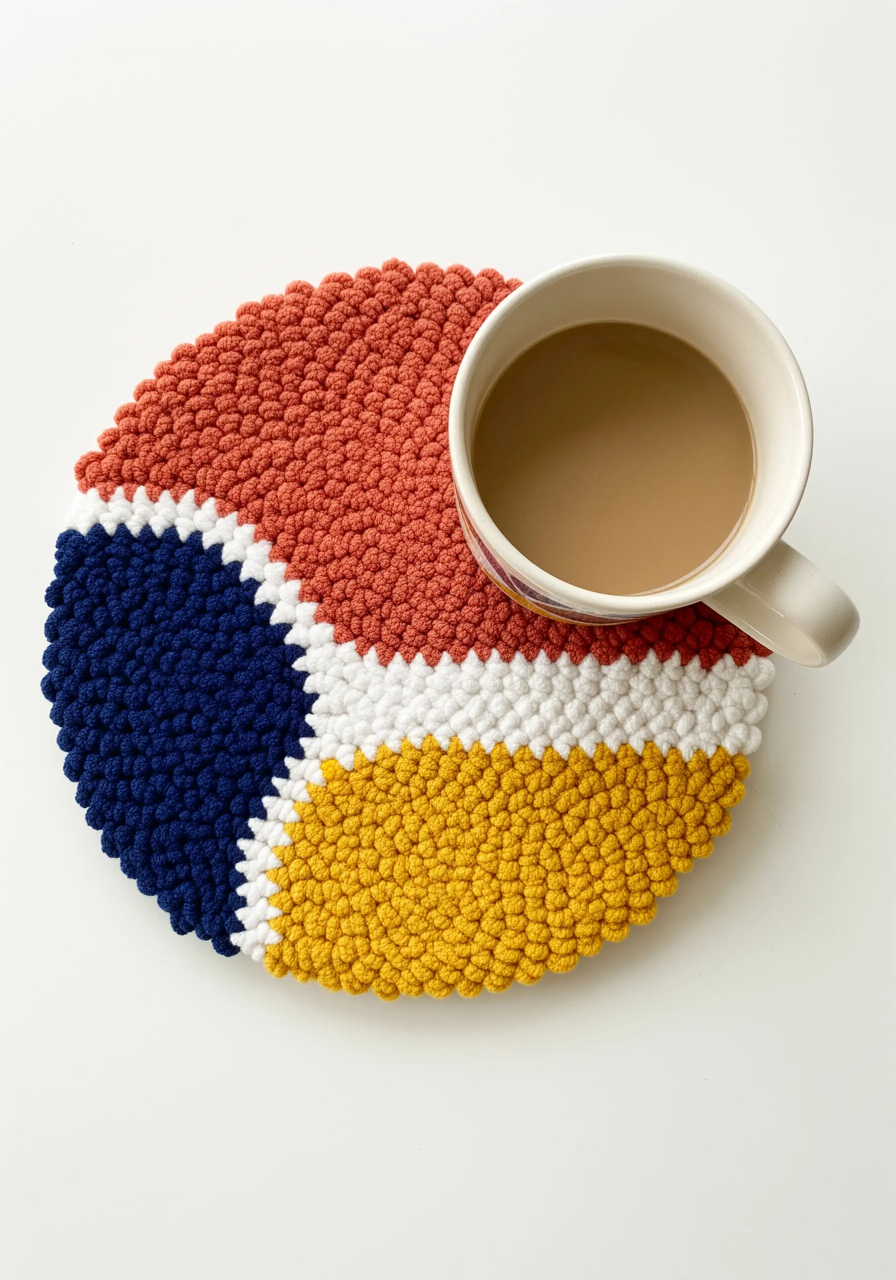 A round, thickly textured trivet with color blocks of orange, navy, white, and yellow.