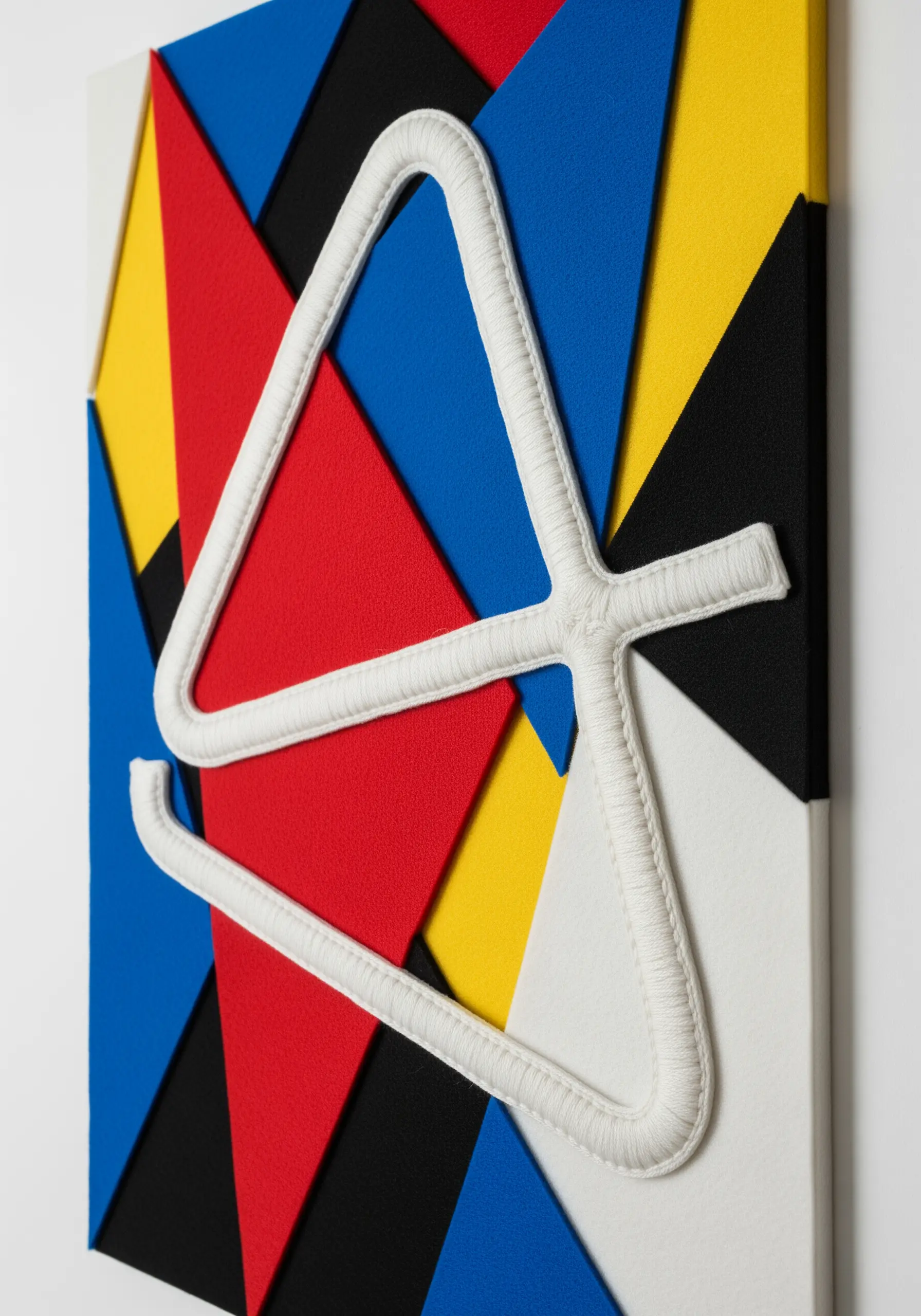 White corded embroidery motif on a color-blocked background of red, blue, and yellow felt.