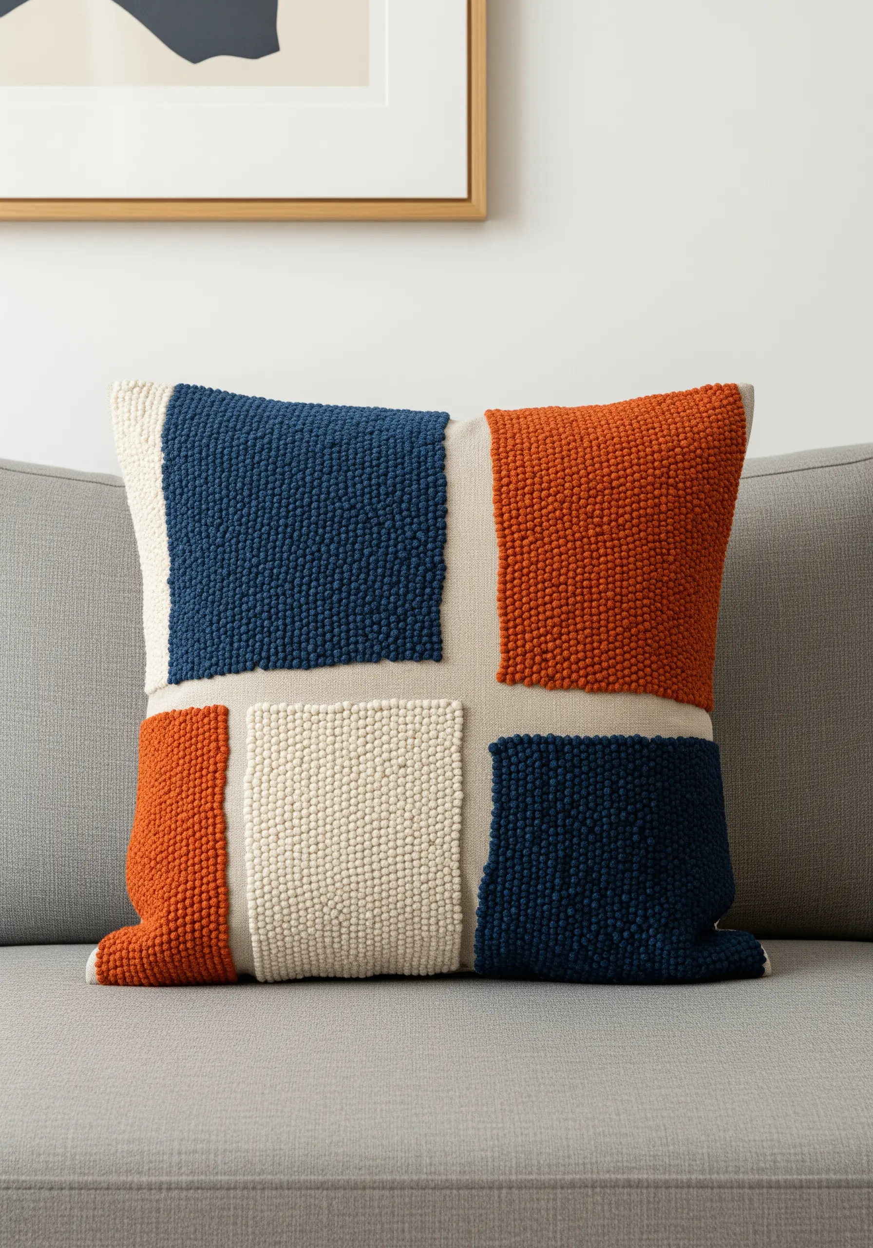 A color-blocked punch needle pillow with sections of navy blue, orange, and cream.