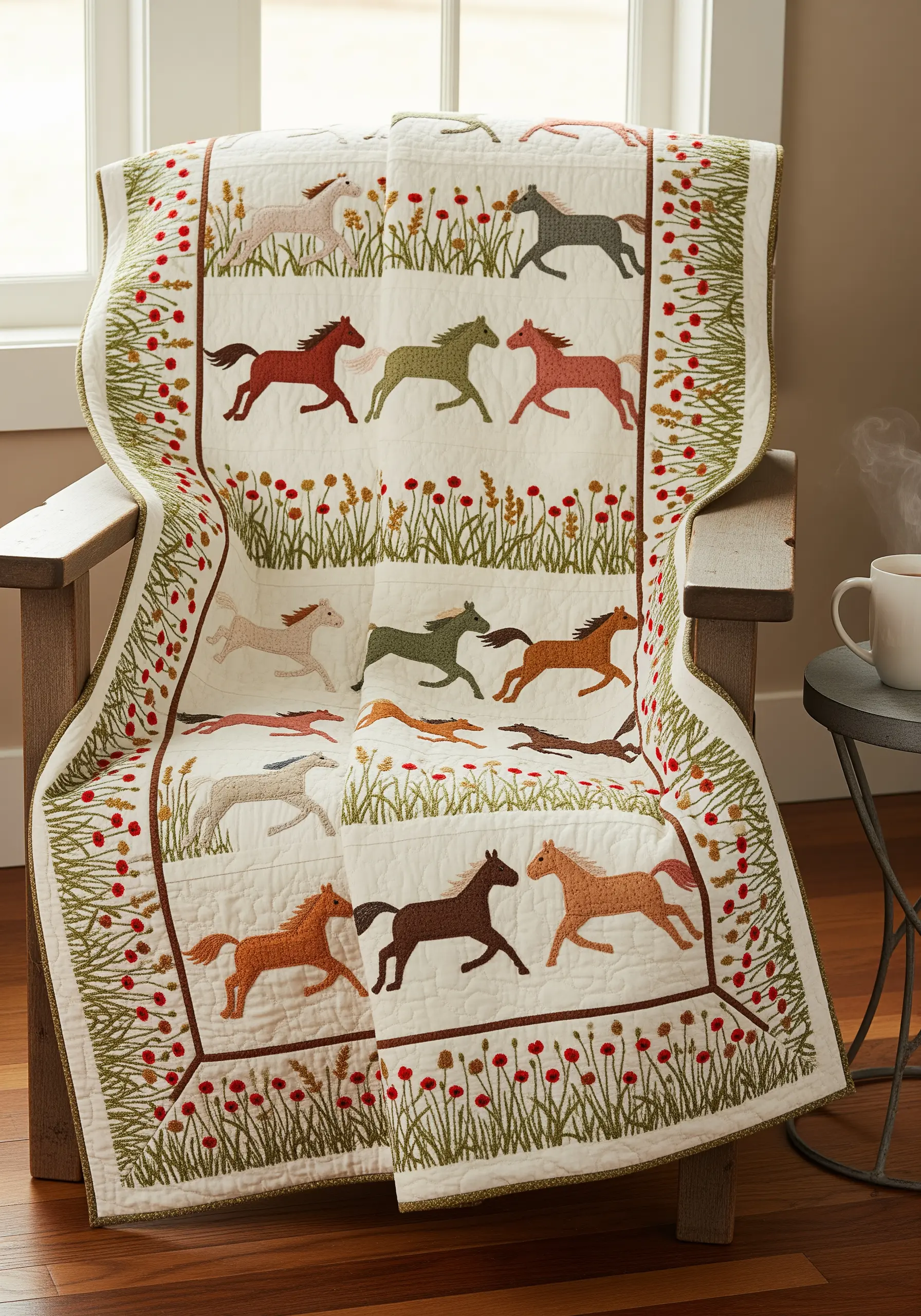 Quilt with embroidered blocks of running horses in earth tones alongside wildflowers.