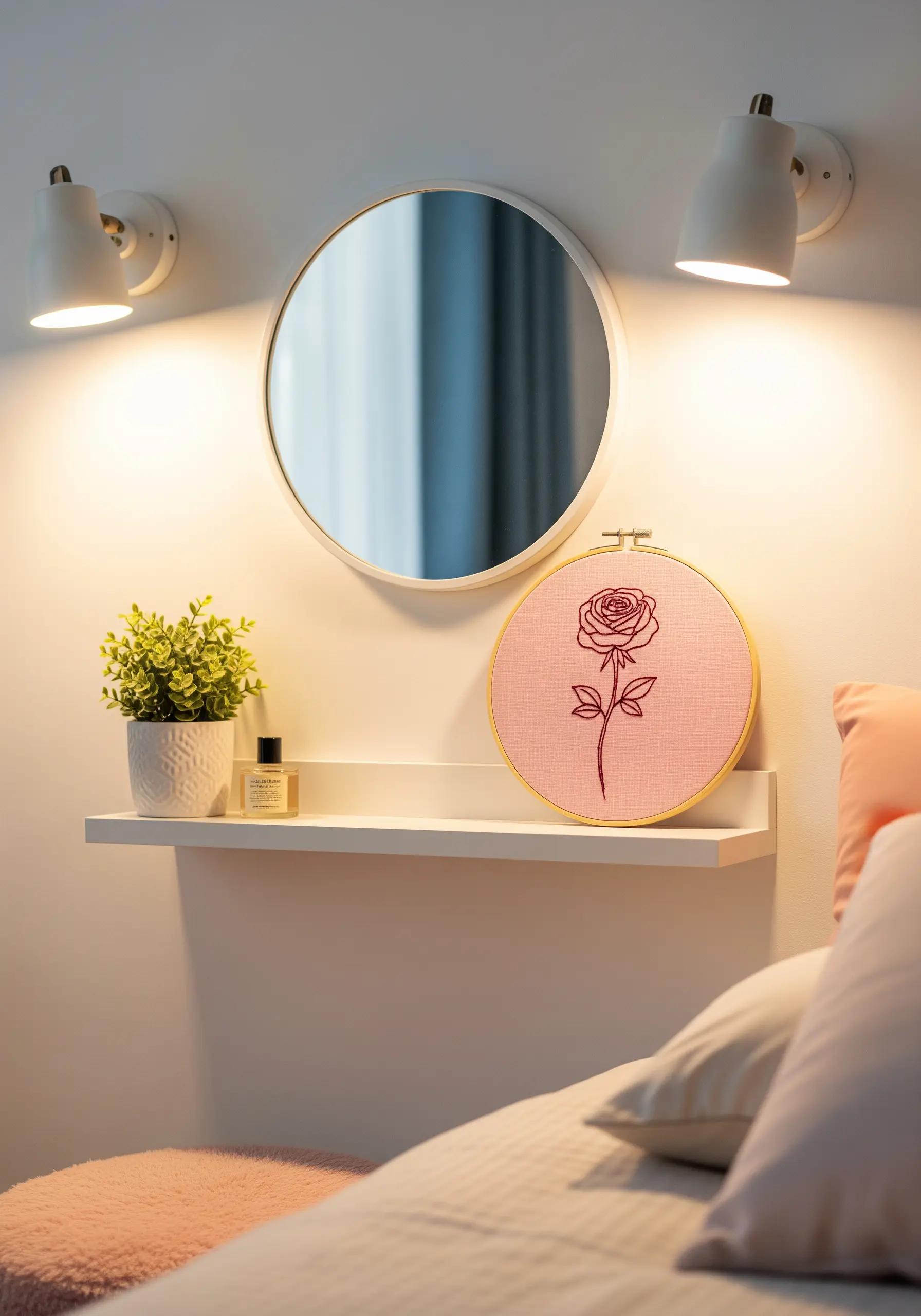A dark pink rose embroidered on a light pink fabric background.