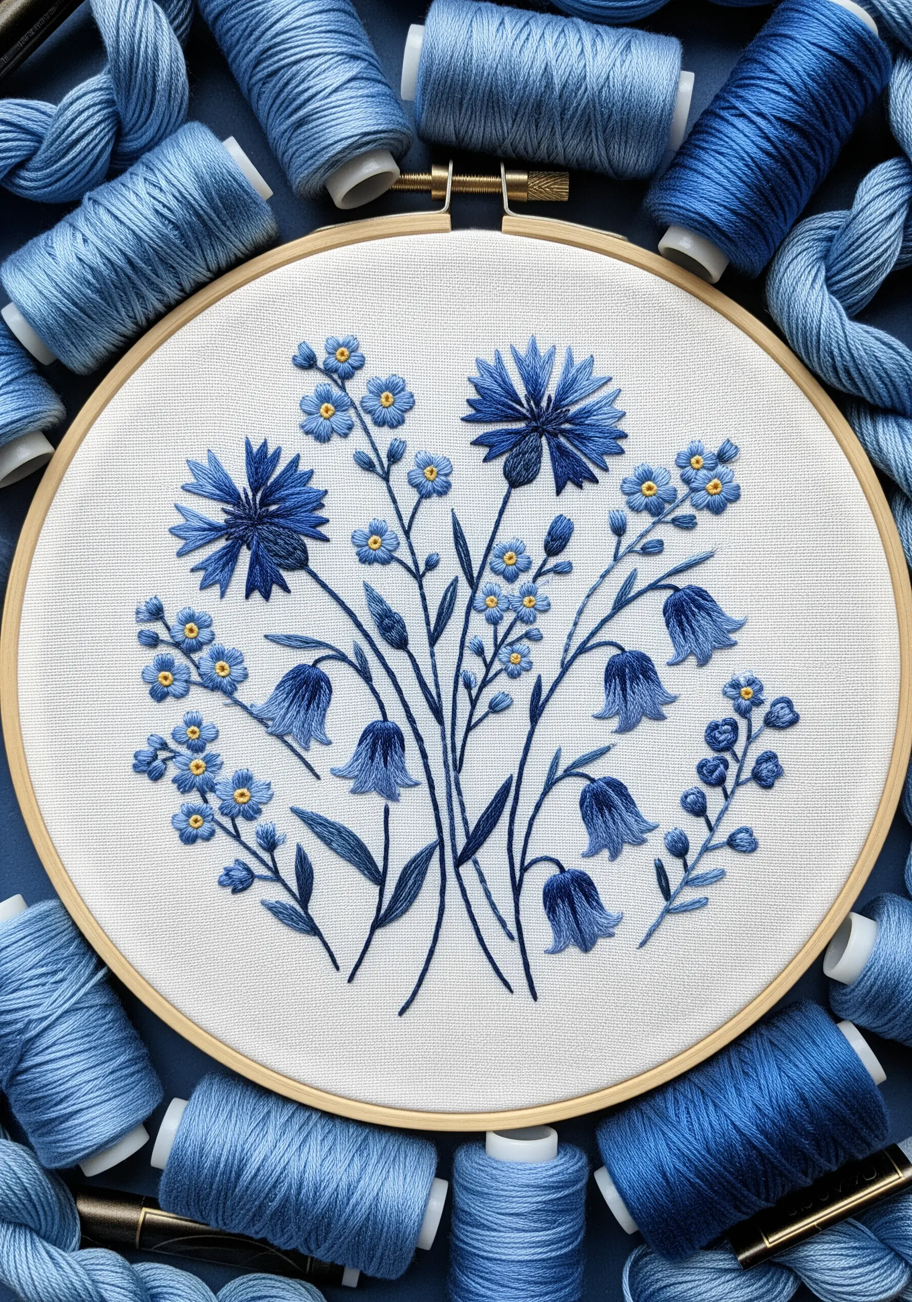 A blue monochromatic bouquet of cornflowers and bellflowers in a hoop surrounded by blue threads.