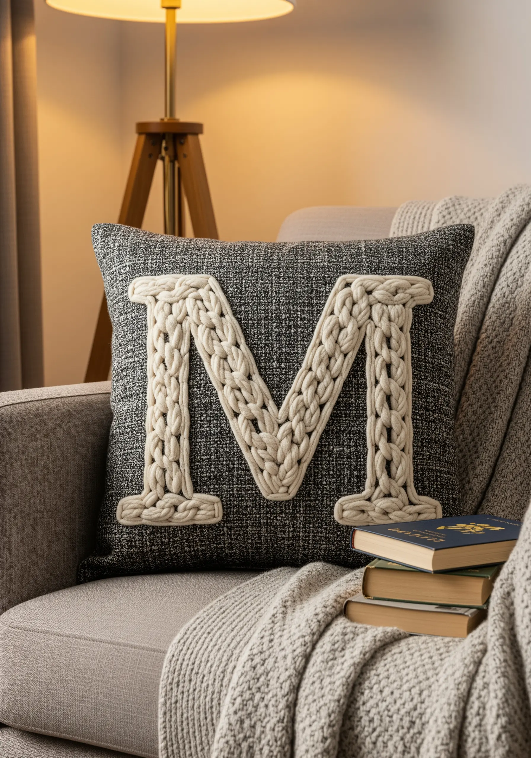 A gray tweed pillow with a large, chunky white yarn monogram stitched in a braided style.