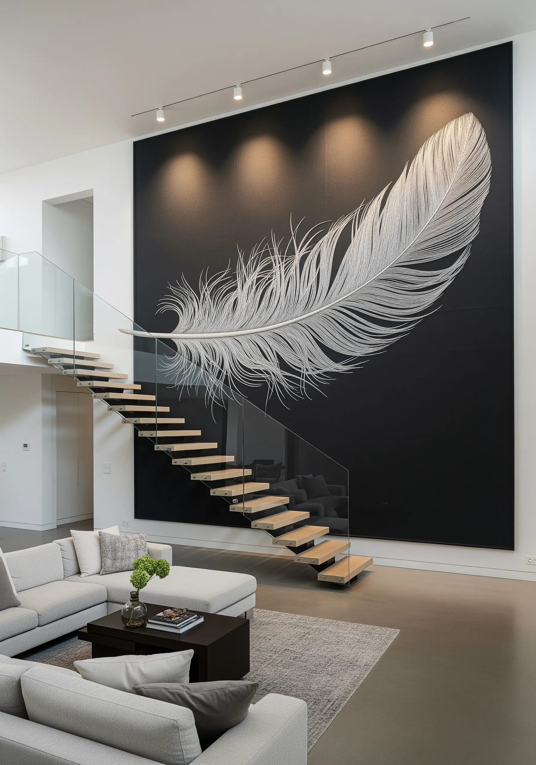 A large-scale embroidered white feather on a black canvas wall hanging.