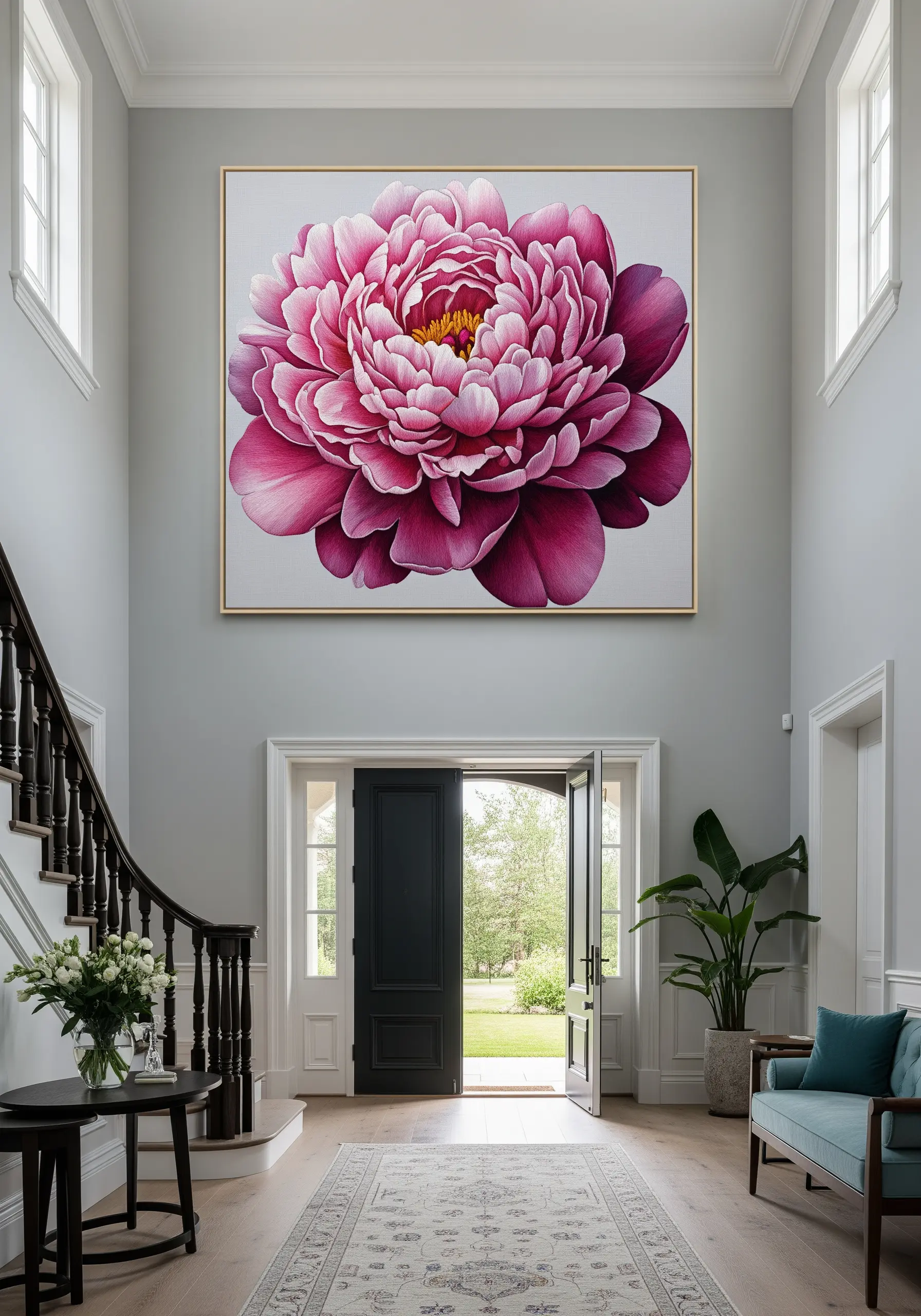 An enormous, hyper-realistic embroidered pink peony hanging in a grand entryway.