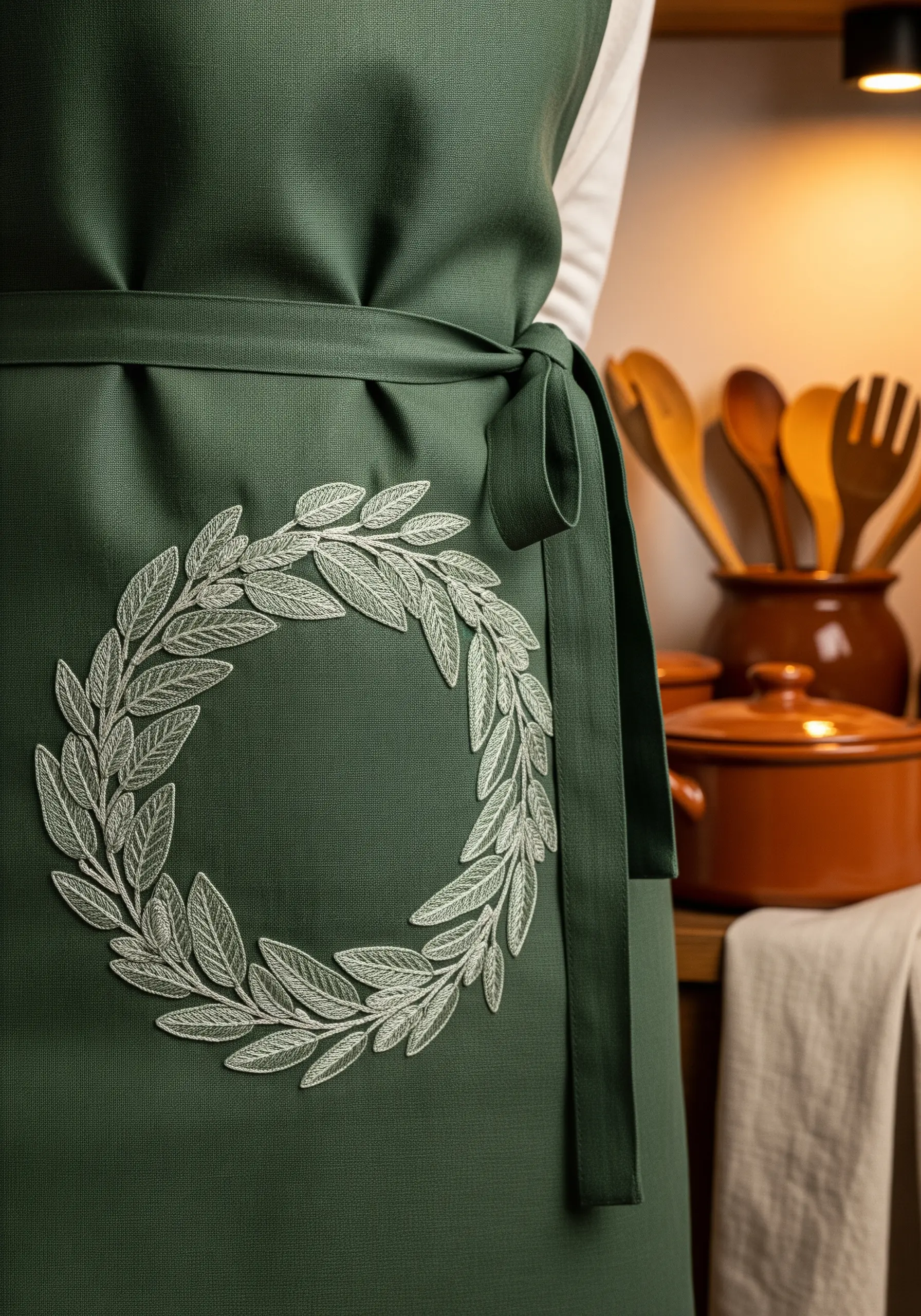 A white thread laurel wreath embroidered on the front of a sage green kitchen apron.