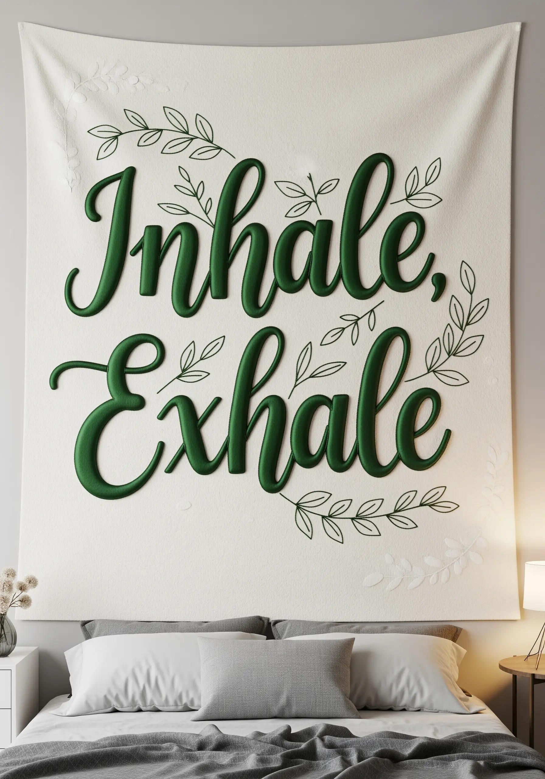 A white tapestry with the words 'Inhale, Exhale' in raised green satin stitch.
