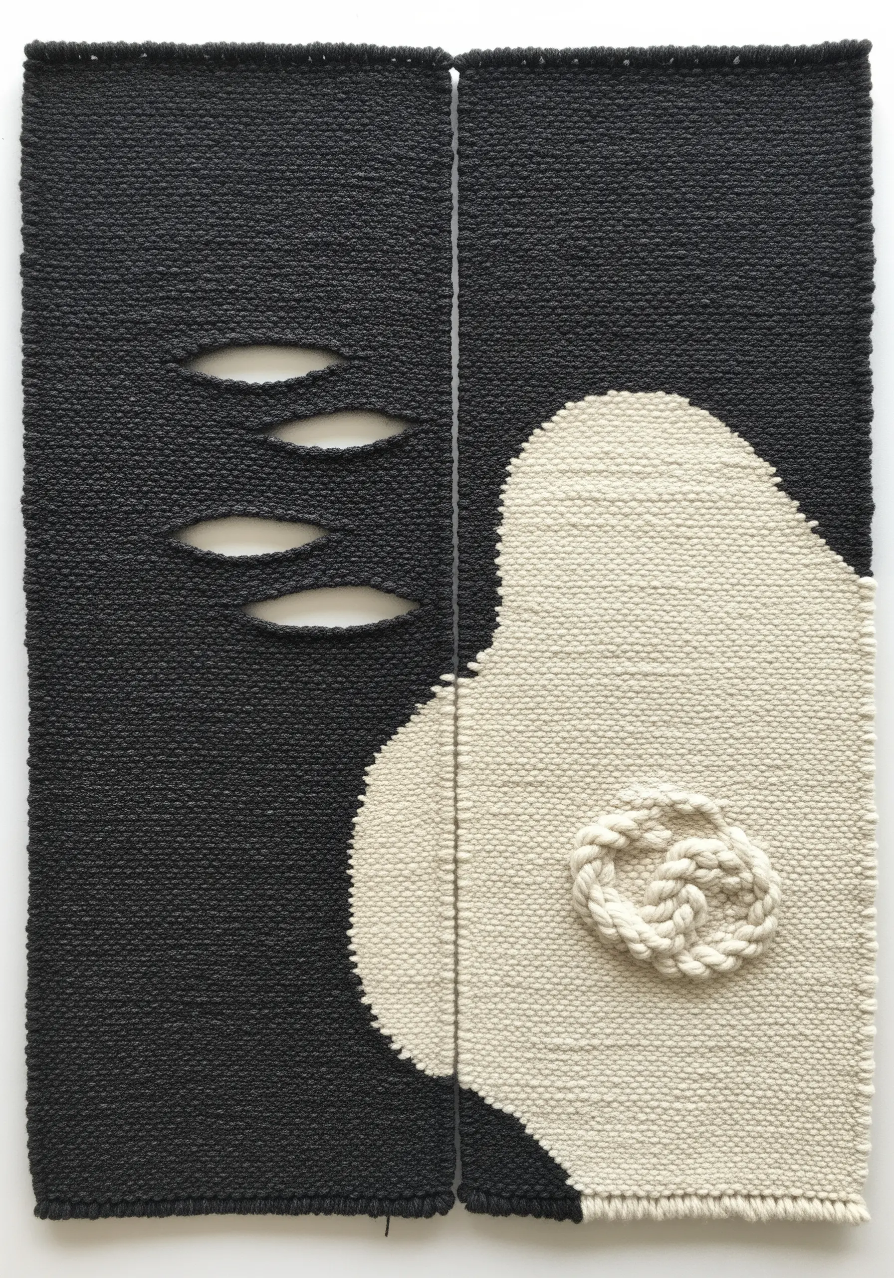 Black and white woven panel with cut-out shapes and a single sculptural knot.