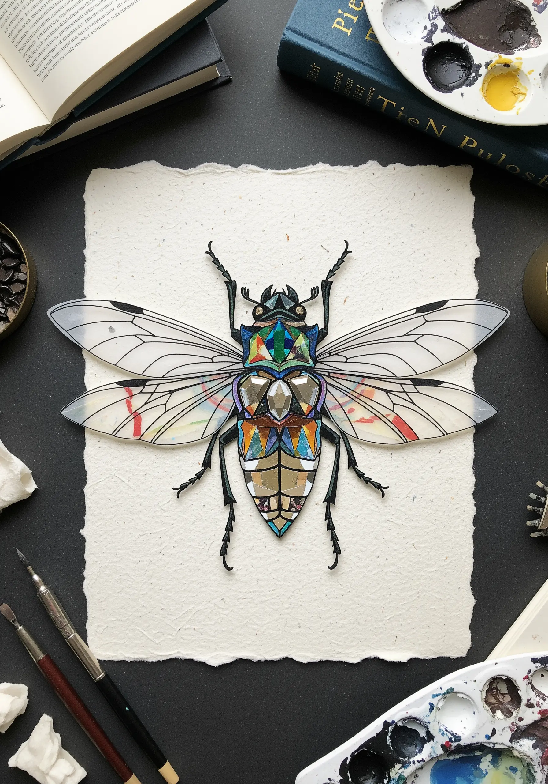 A collage of a beetle with iridescent, stained-glass-like wings made from colorful paper scraps.