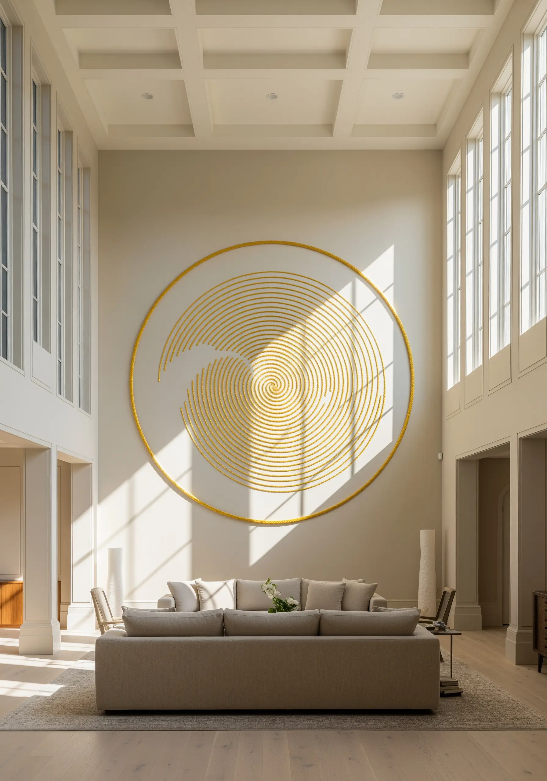 A massive spiral design in gold thread on a circular canvas in a high-ceilinged living room.