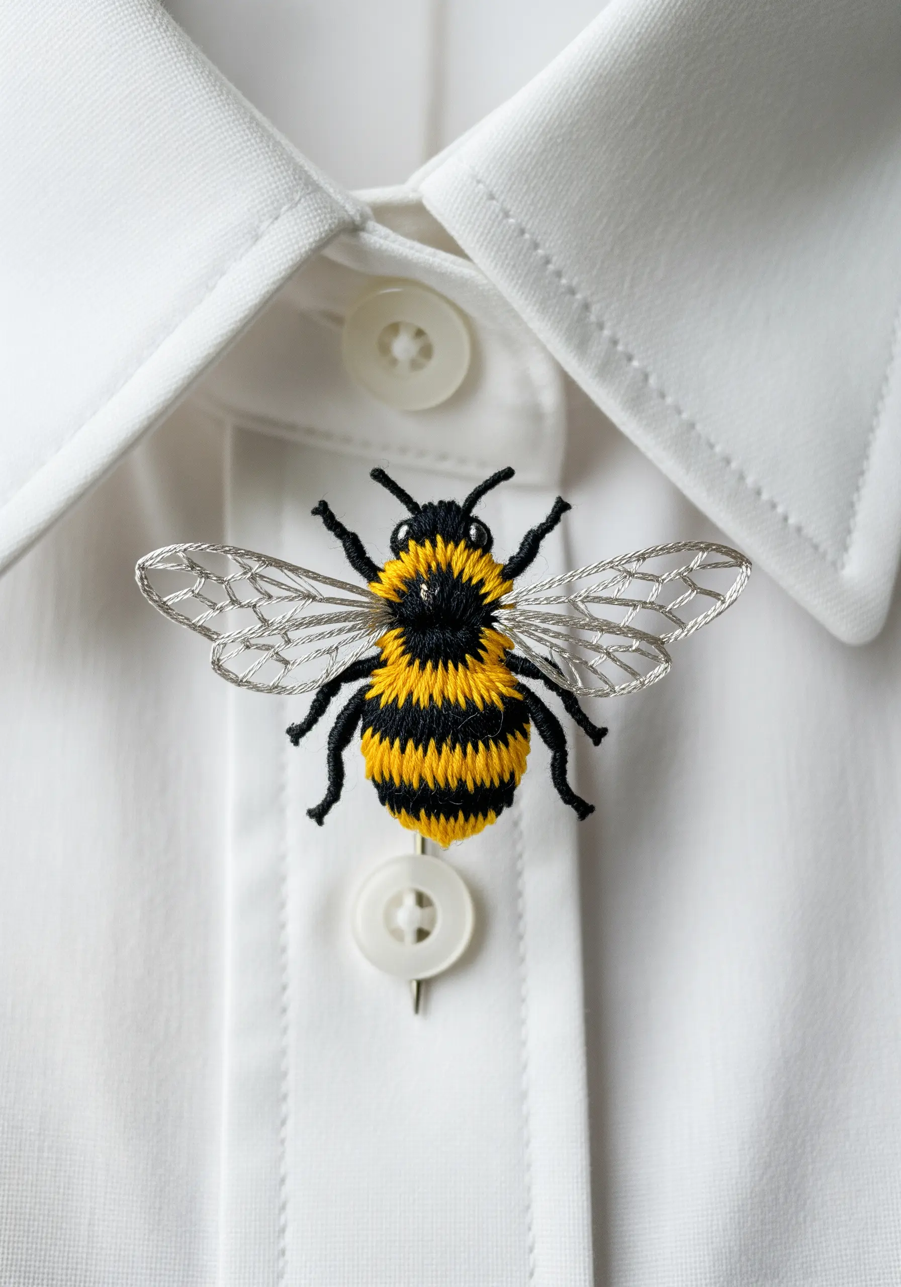 A three-dimensional embroidered bee with raised body and detached wings, pinned to a white shirt collar.