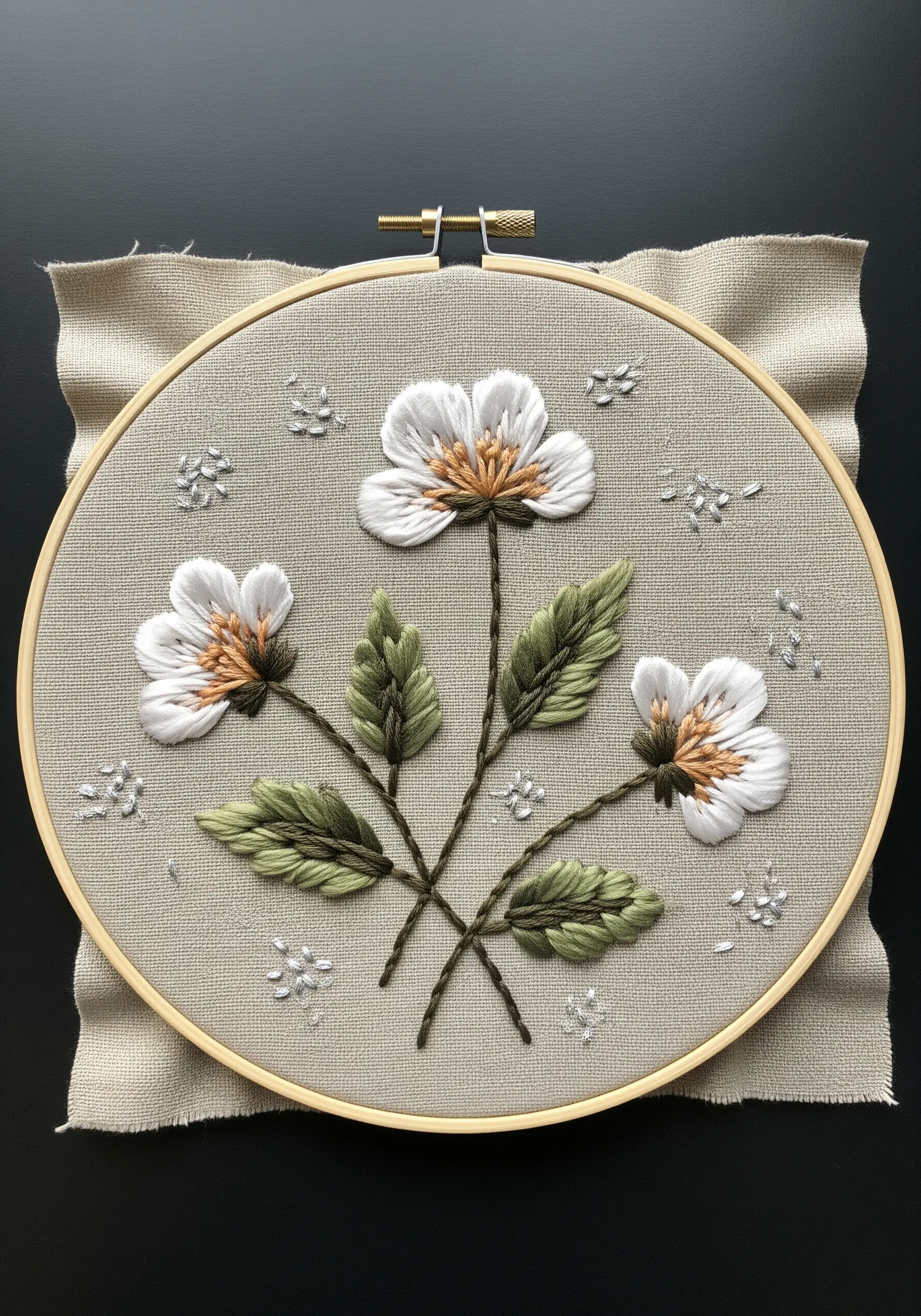 Hand-embroidered white flowers with layered satin stitch petals creating a 3D effect.