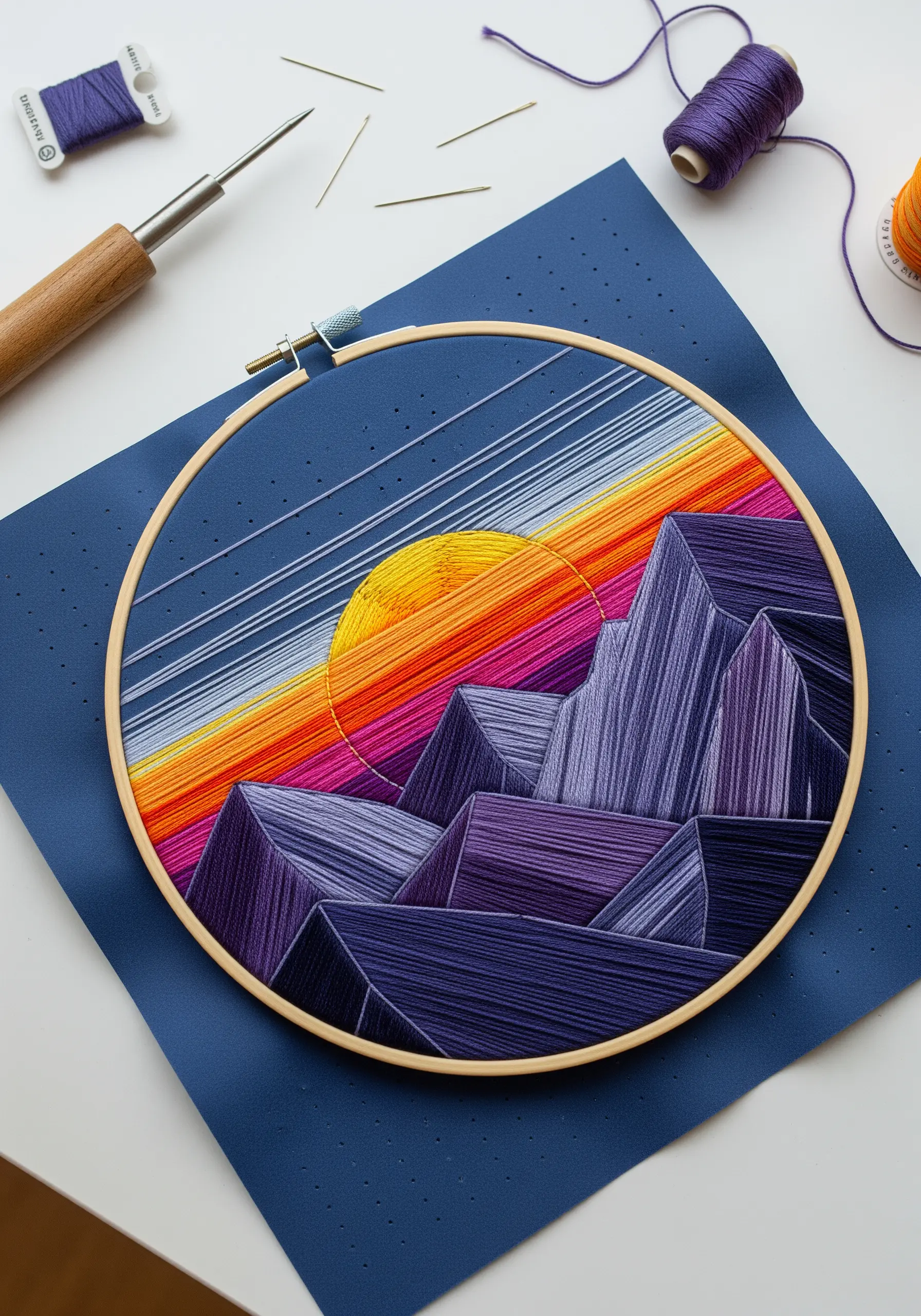 A string art landscape with a gradient sunset and purple mountains on perforated blue paper.