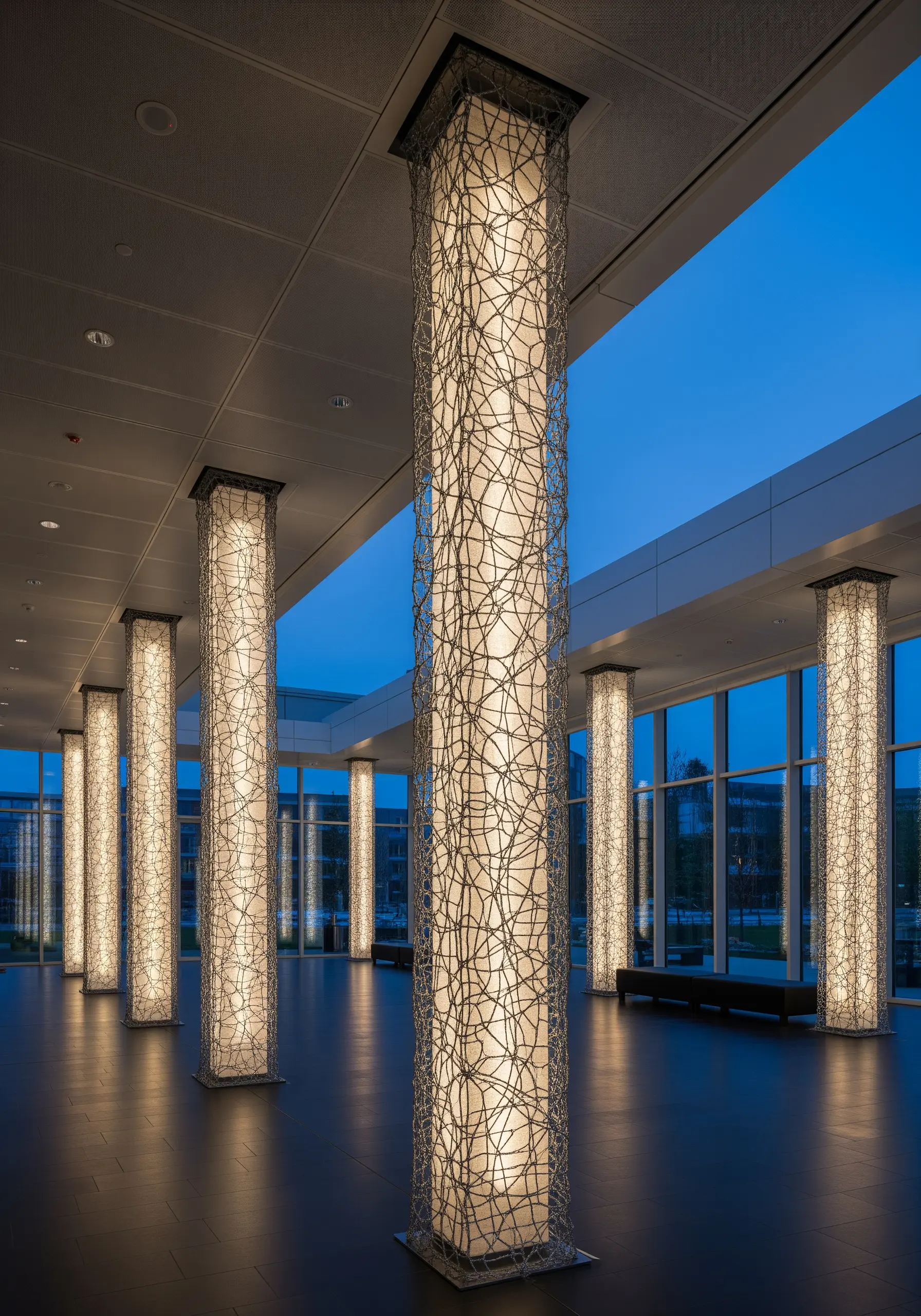 Tall, illuminated columns wrapped in an abstract web of white fiber, glowing in a modern room.