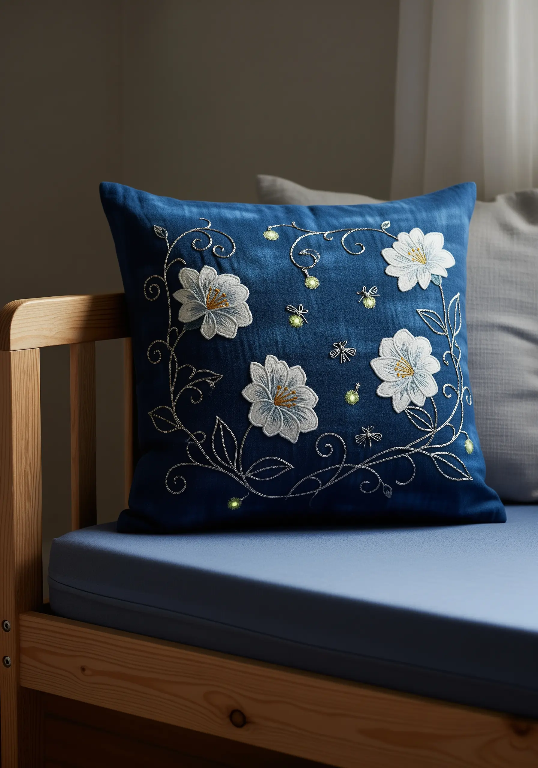 3D white flowers with gold centers on a dark blue pillow with embroidered vines.