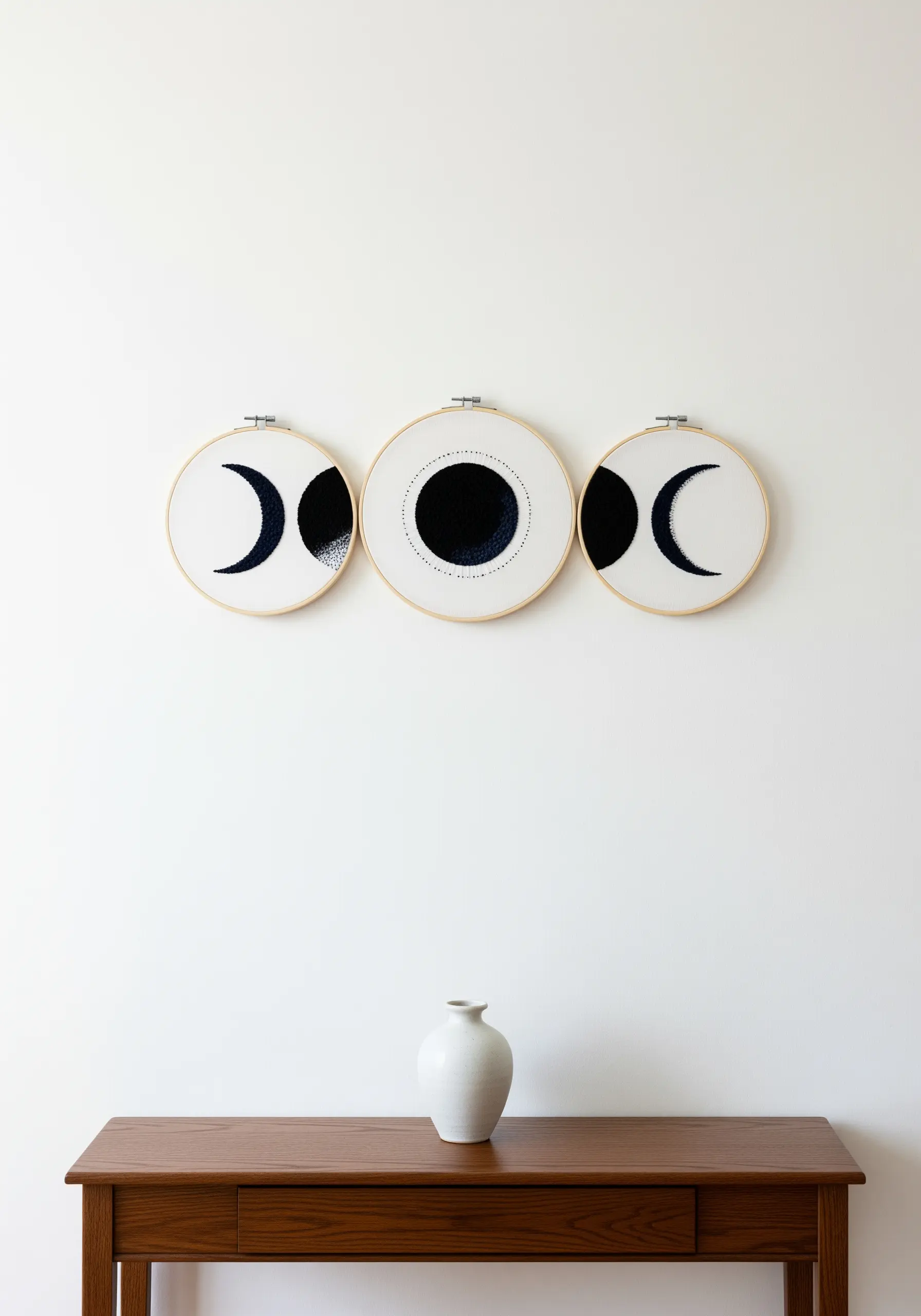 Triptych of moon phase embroidery hoops filled with black French knots on white fabric.