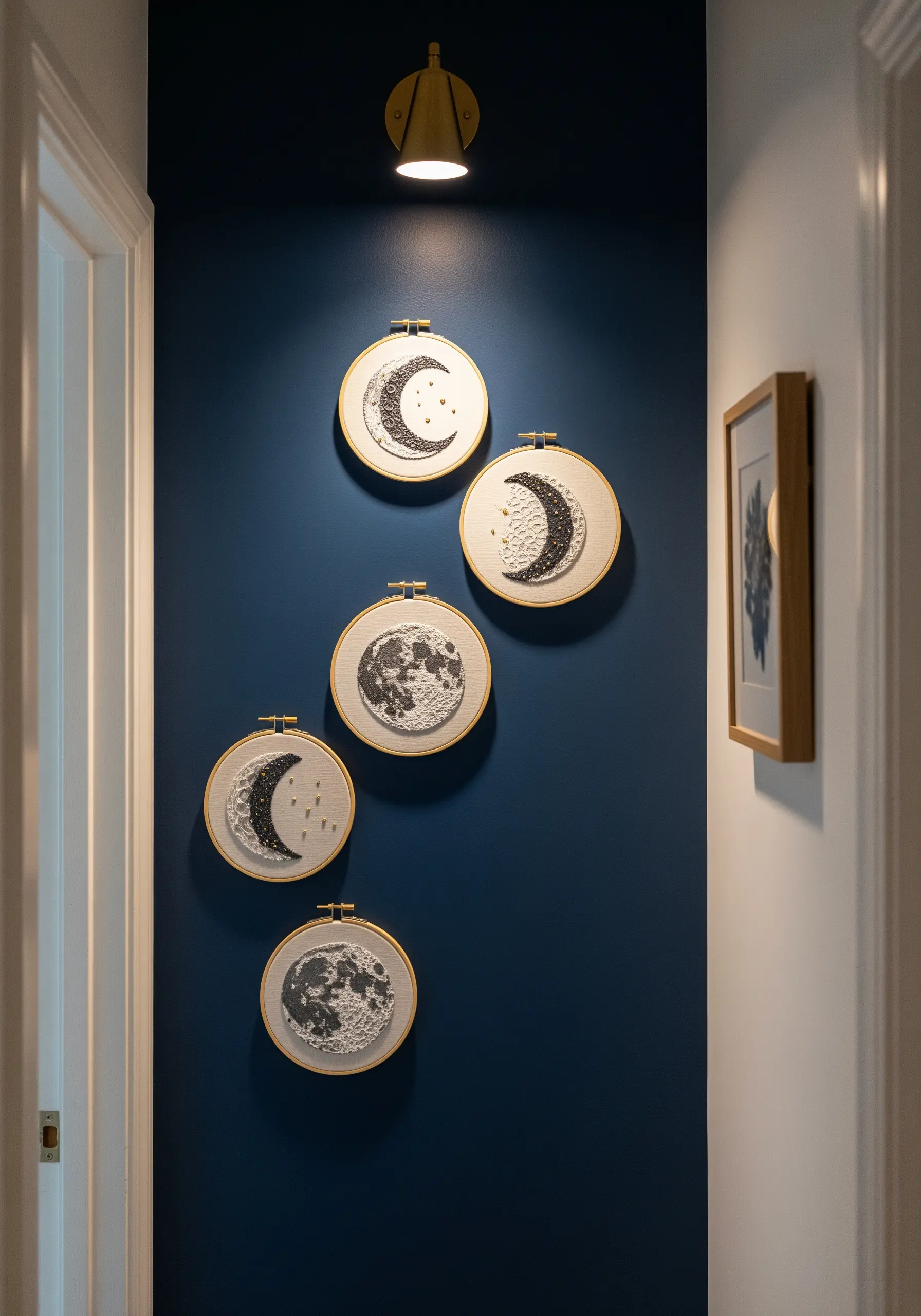 A collection of five moon phase embroidery hoops with textured stitches and beads on a dark blue wall.