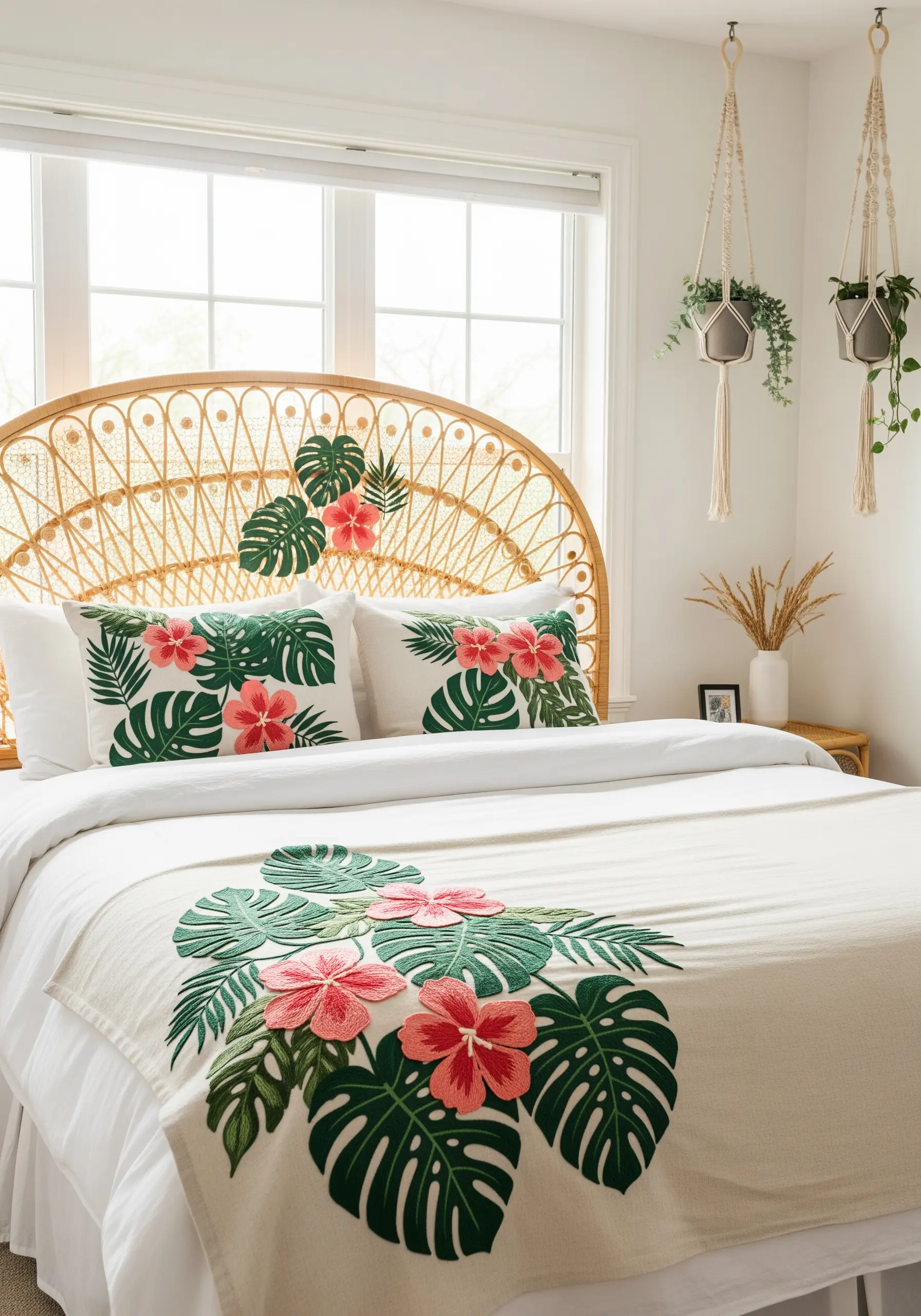 Embroidered tropical monstera leaves and hibiscus flowers on pillows and a bed runner.