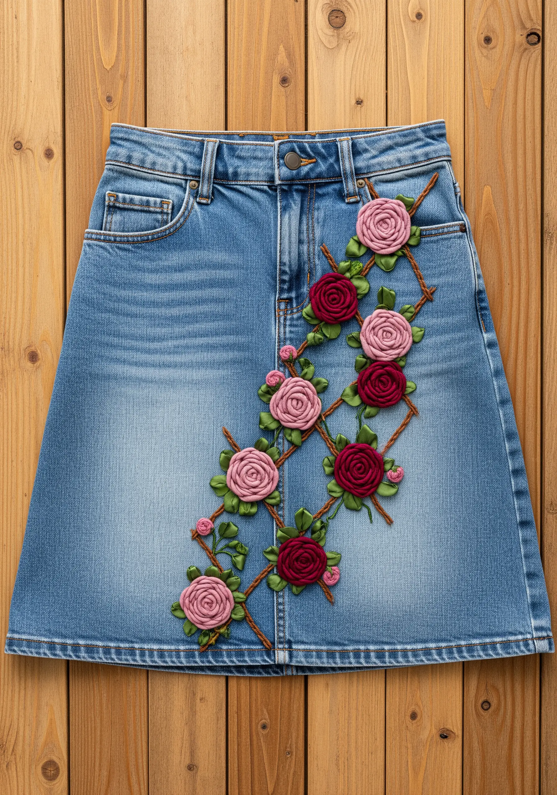 Dimensional red and pink ribbon embroidery roses on a denim skirt.
