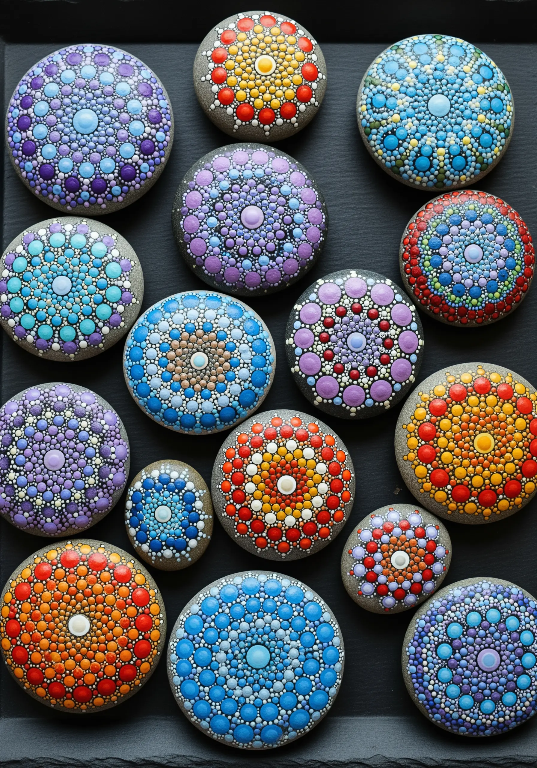 A collection of smooth, dark stones painted with intricate and colorful dot mandala patterns.