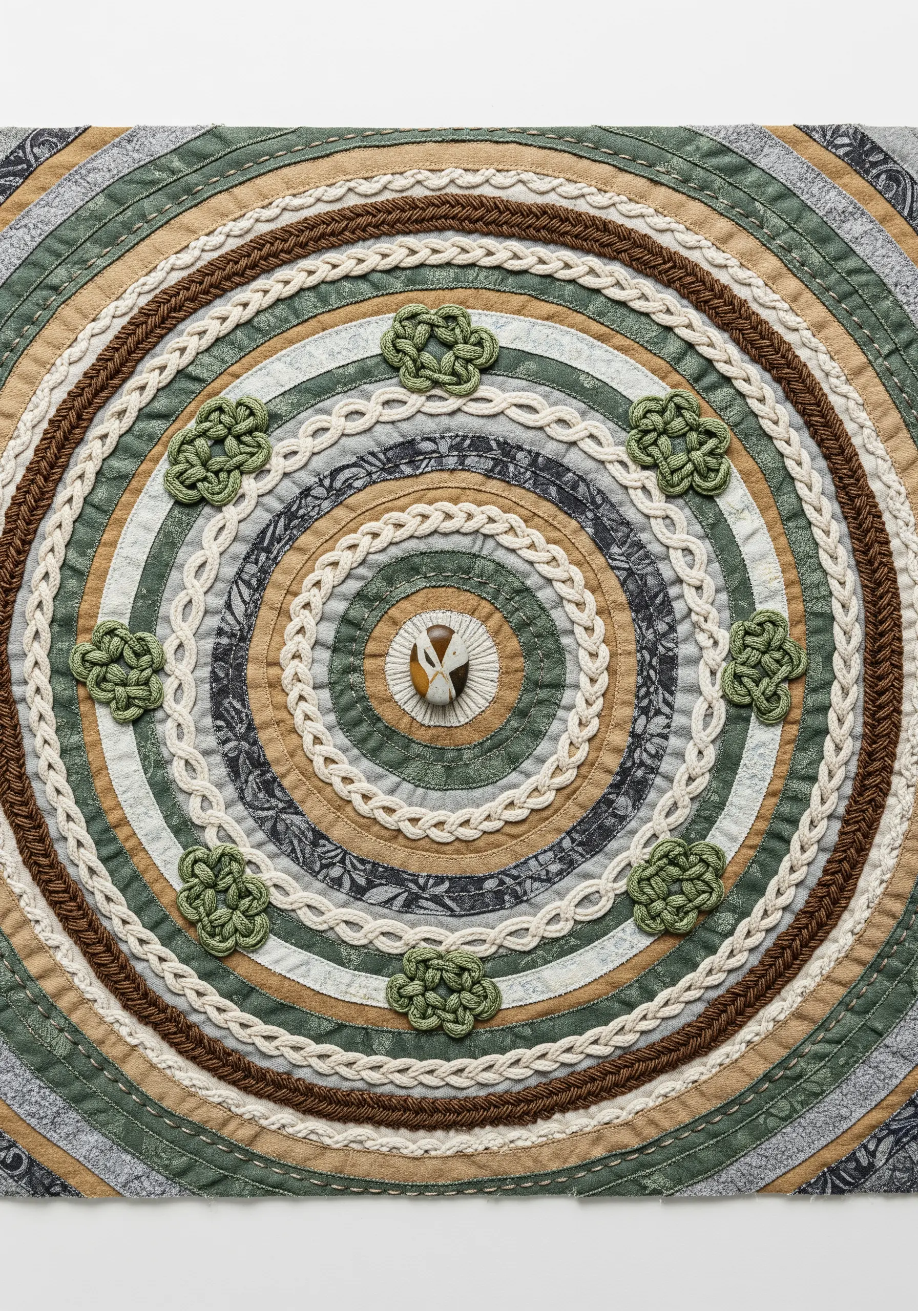 A circular fabric collage mandala with braided cords and knotted stitch details.