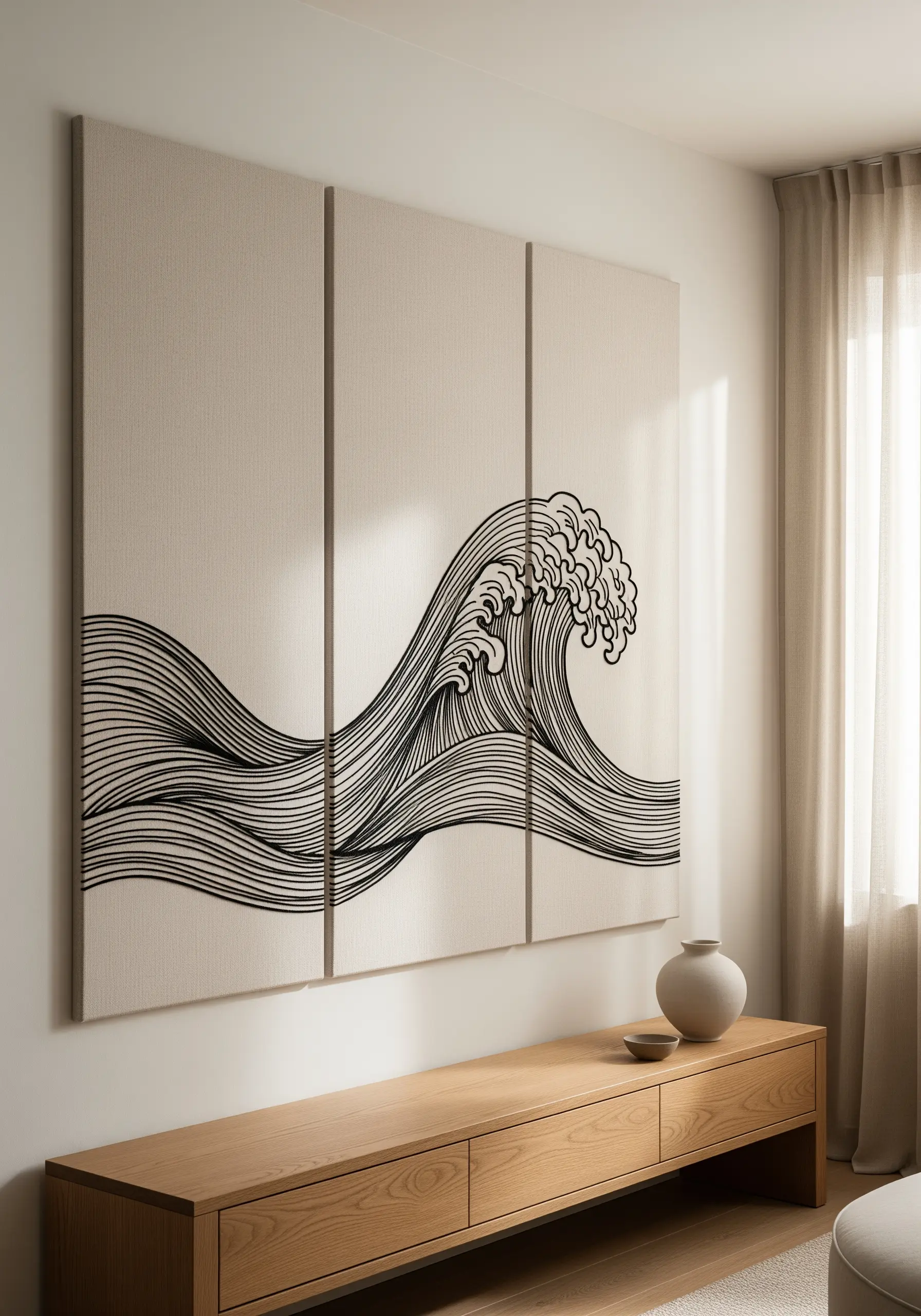 A large triptych wall panel with an embroidered black line art wave on neutral fabric.