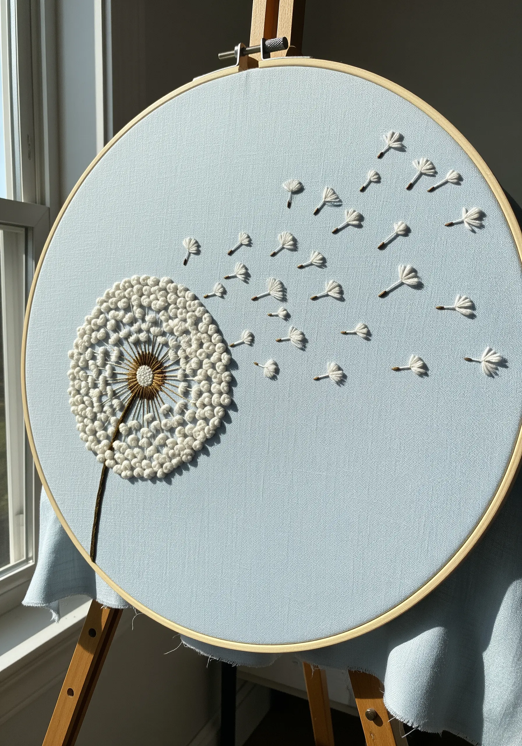 Embroidery of a dandelion with fluffy French knots and detached chain stitches for floating seeds.