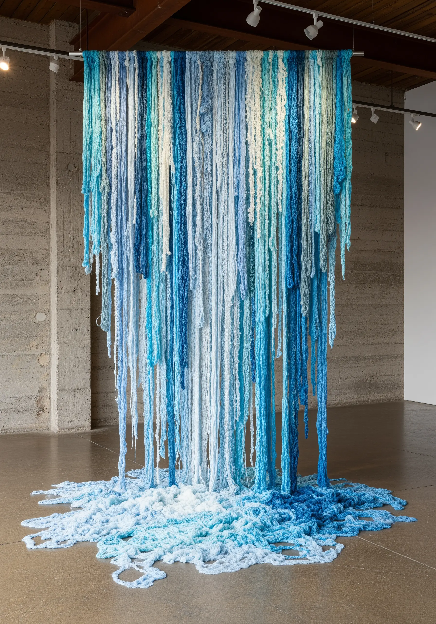 A hanging installation of blue, teal, and white yarns creating a waterfall effect onto the floor.
