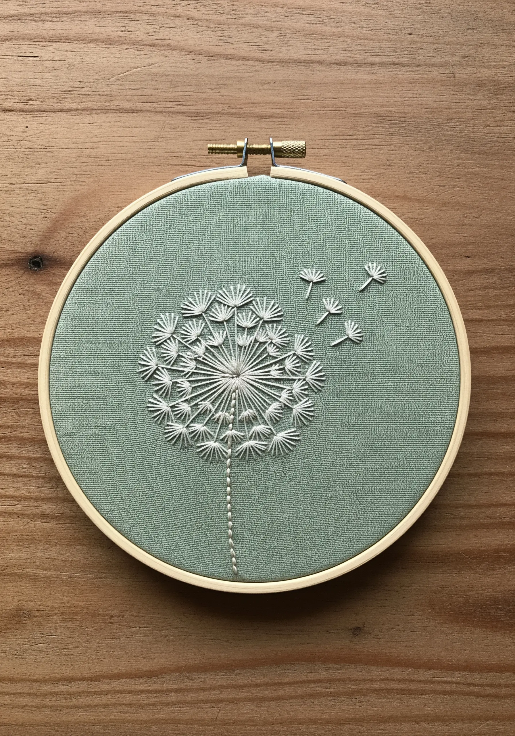 A delicate white dandelion puff embroidered with detached chain stitches on sage green fabric.
