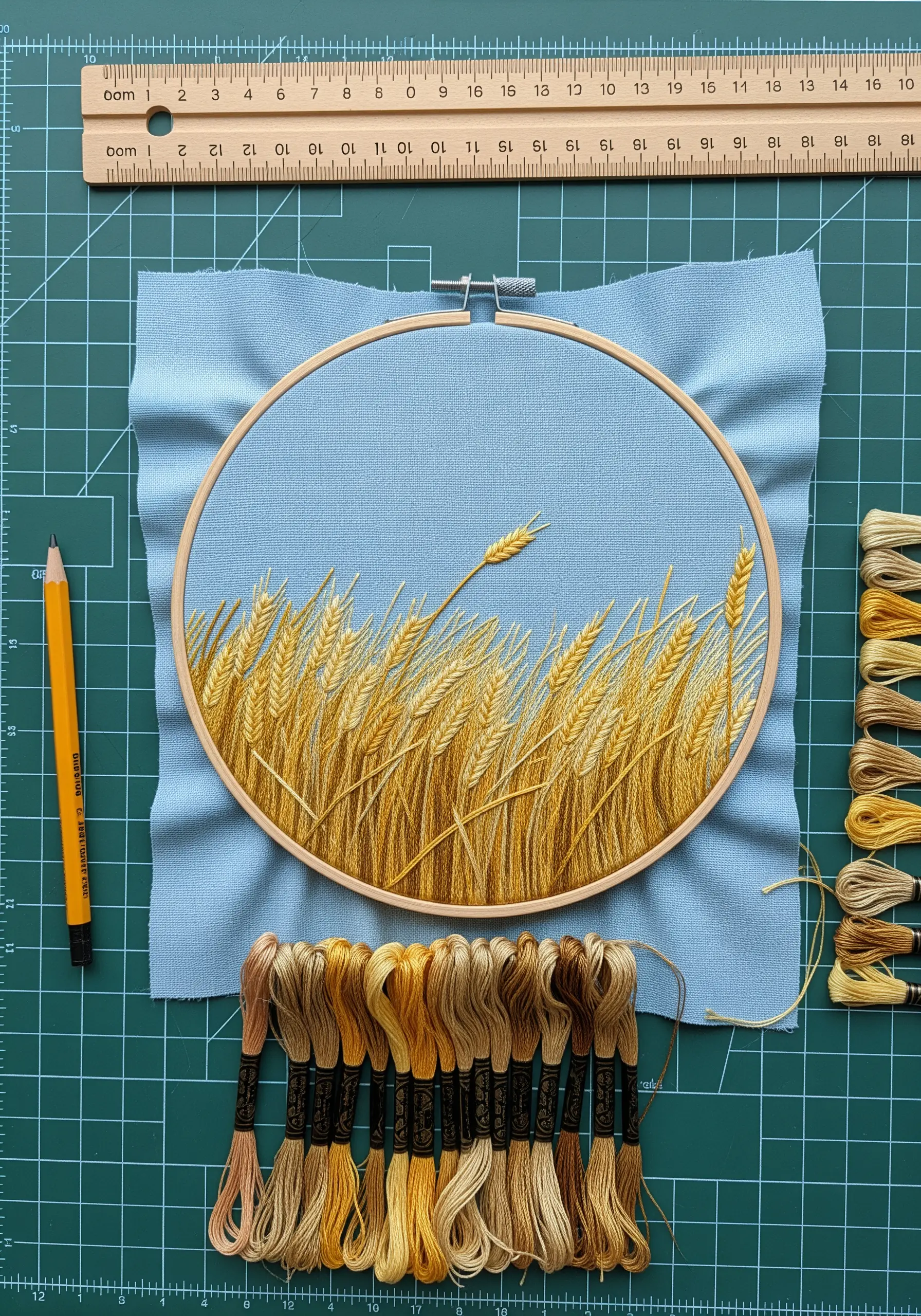 A field of golden wheat embroidered with layered straight stitches on blue fabric