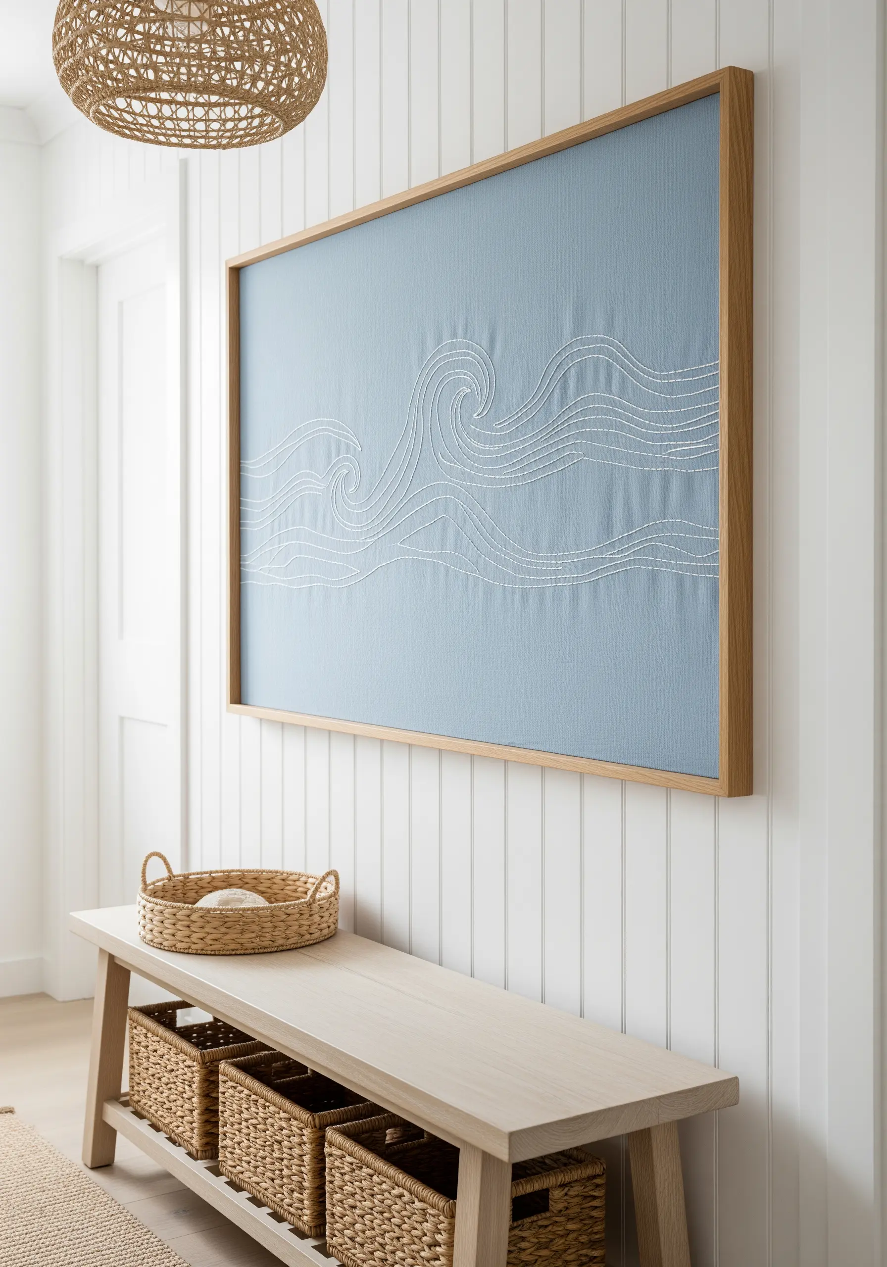 White thread embroidered in swirling wave patterns on a dusty blue canvas.
