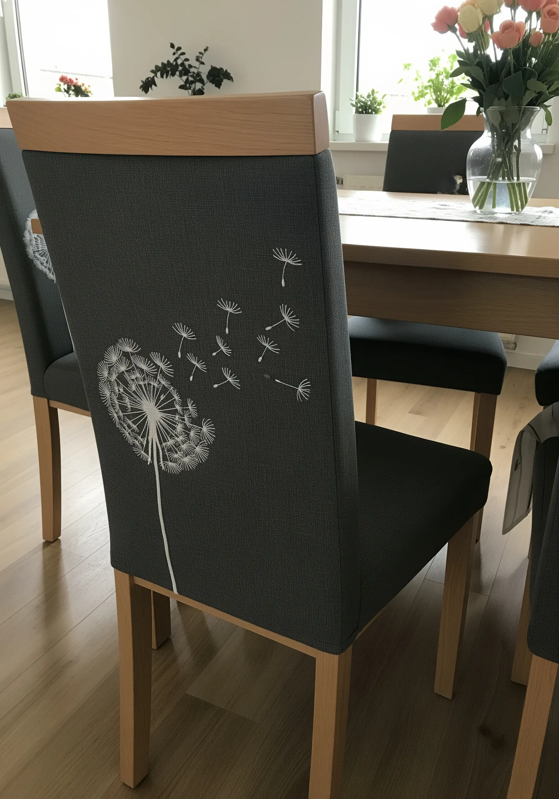 A white embroidered dandelion with seeds blowing in the wind on a grey dining chair back.