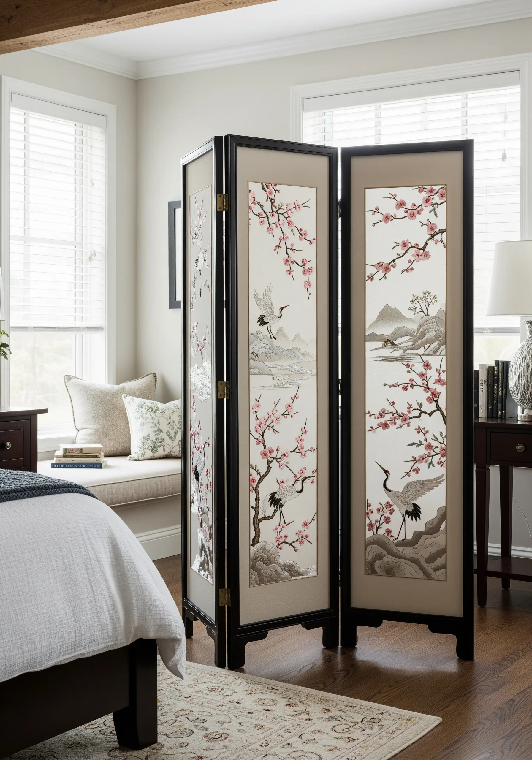 A three-panel folding screen with embroidered scenes of cranes and cherry blossoms.