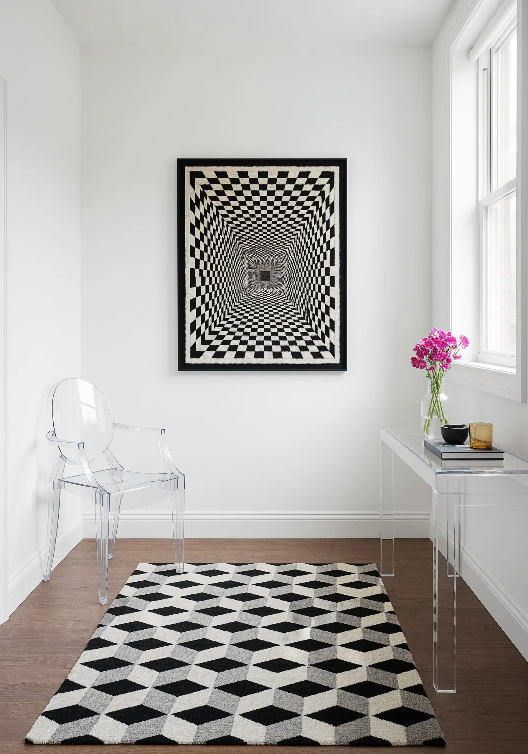 A framed, embroidered op-art piece with a black-and-white receding checkerboard pattern.