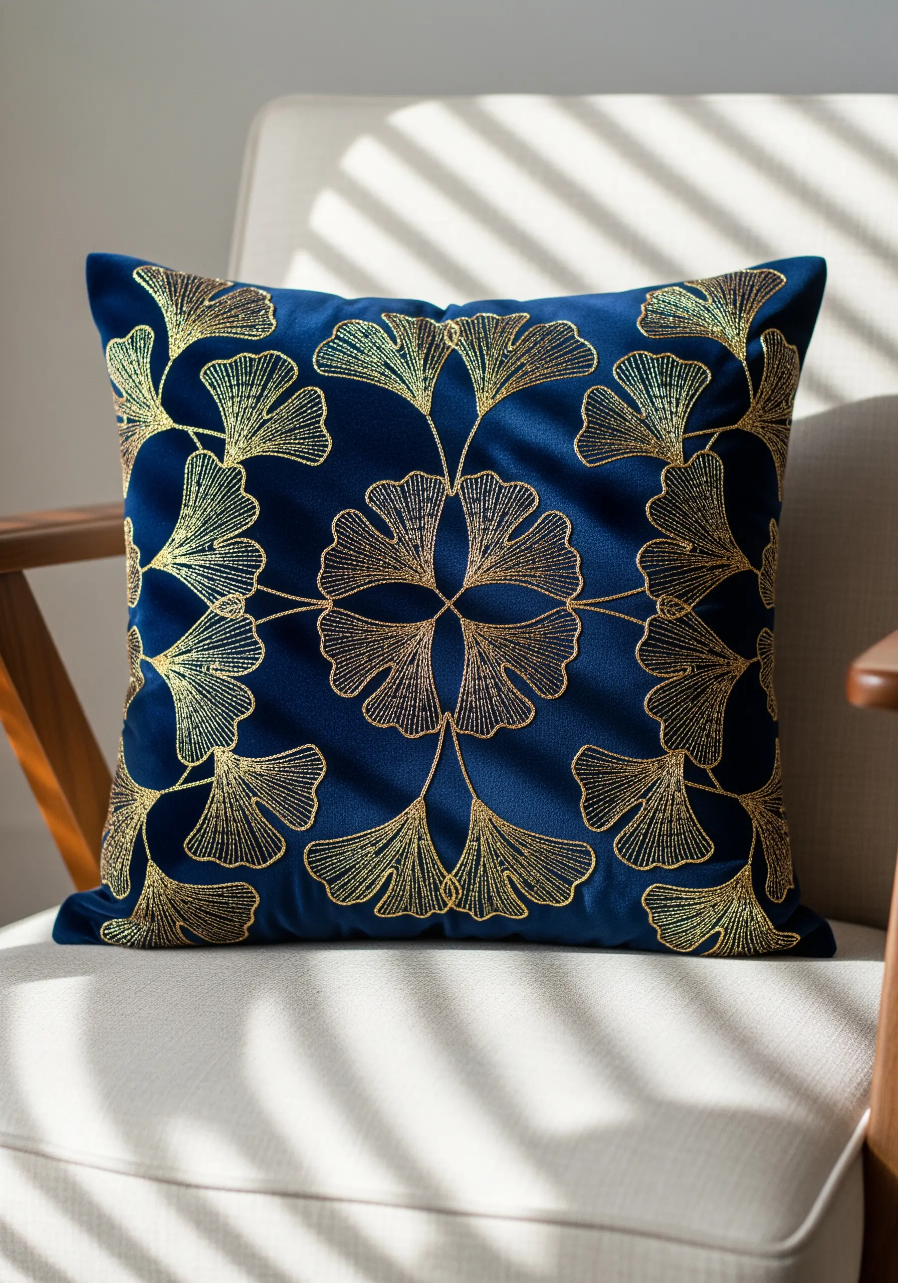 Gold metallic thread embroidery of ginkgo leaves on a royal blue velvet cushion.