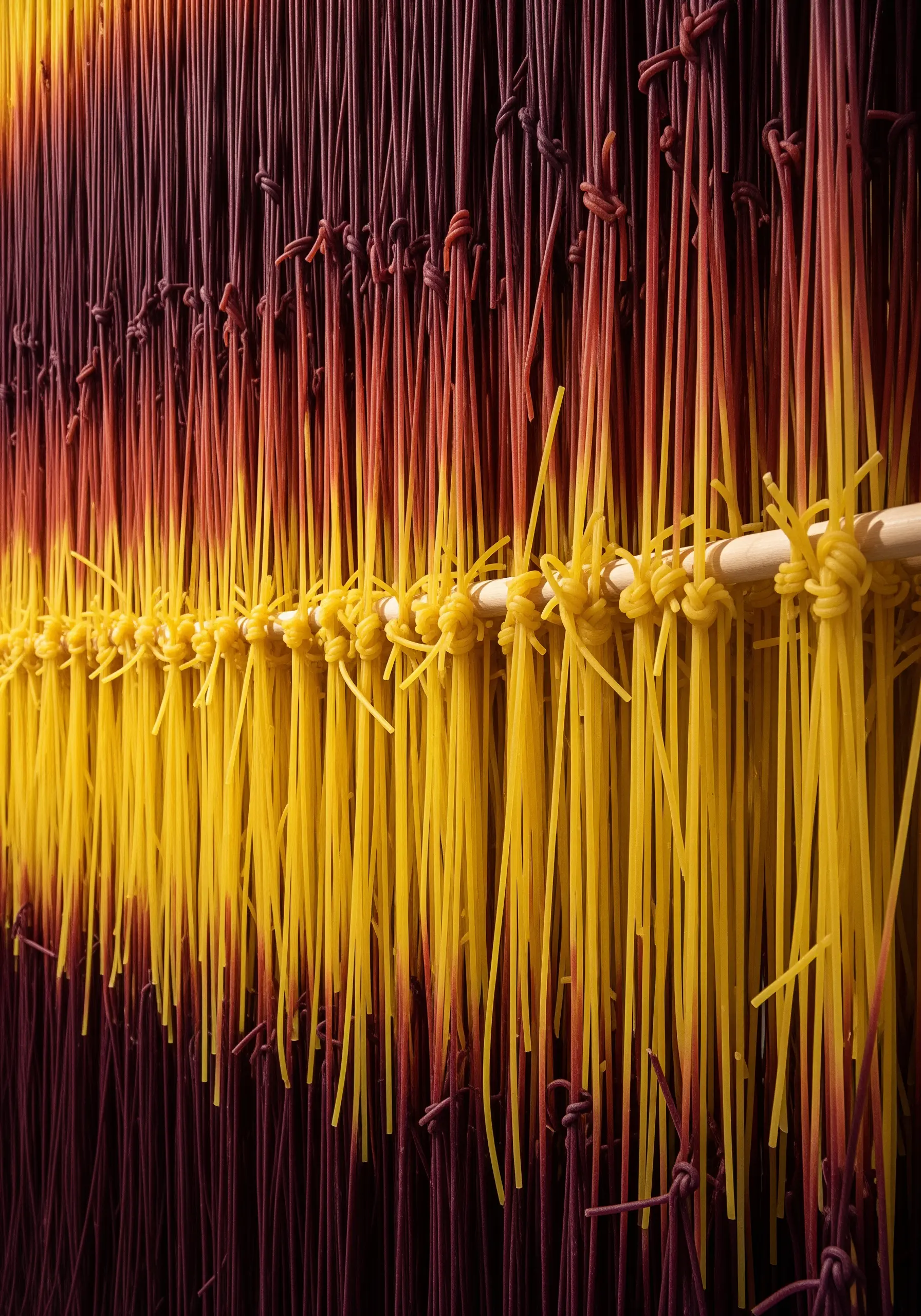 A wall hanging with a color gradient made from hanging strands of yellow and red dried spaghetti.